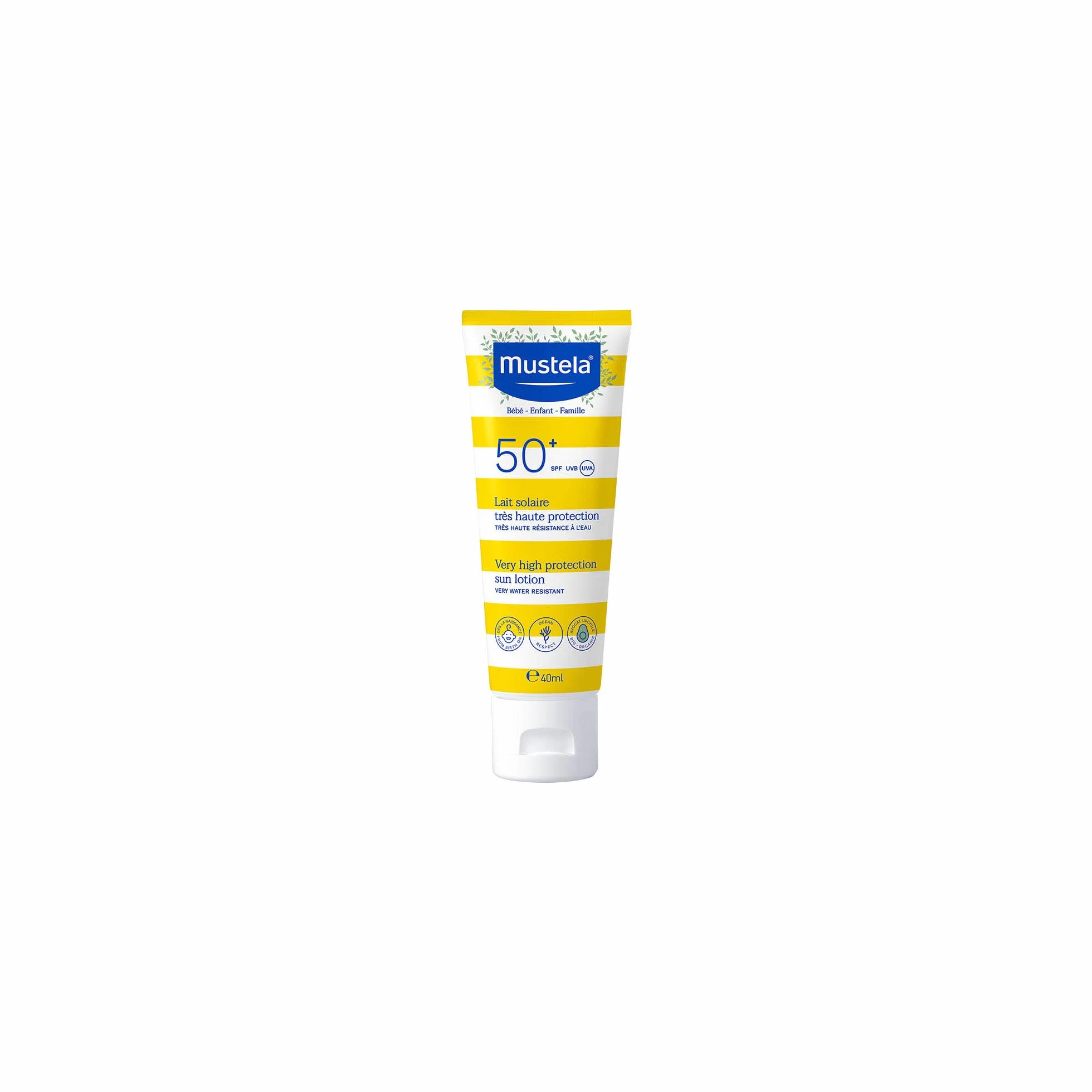 Mustela Latte Solare Spf 50, Viso, Corpo, Con Perseose di Avocado, Neonati, Bambini, Tutta la Famiglia, Adatto in Gravidanza - Protezione Molto Alta dai Raggi UVB e UVA (40ml)
