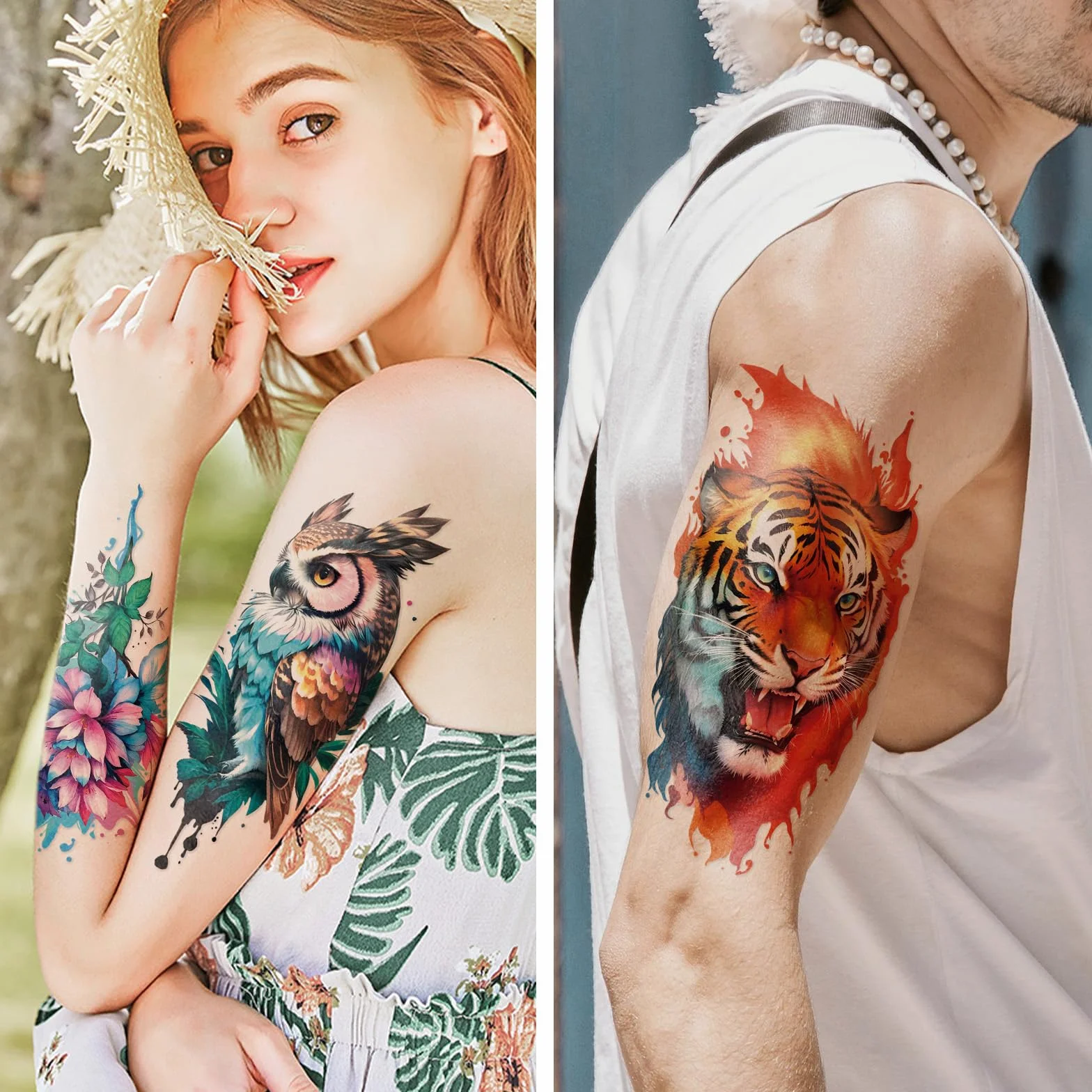 77 Tatuaggi Temporanei Fiori Leoni Tigri, 17 Grandi Disegni Mezzo Braccio Gatti-Gufi-Pappagalli, 60 Mini Lupi Piume Realistici Adulti Bambini