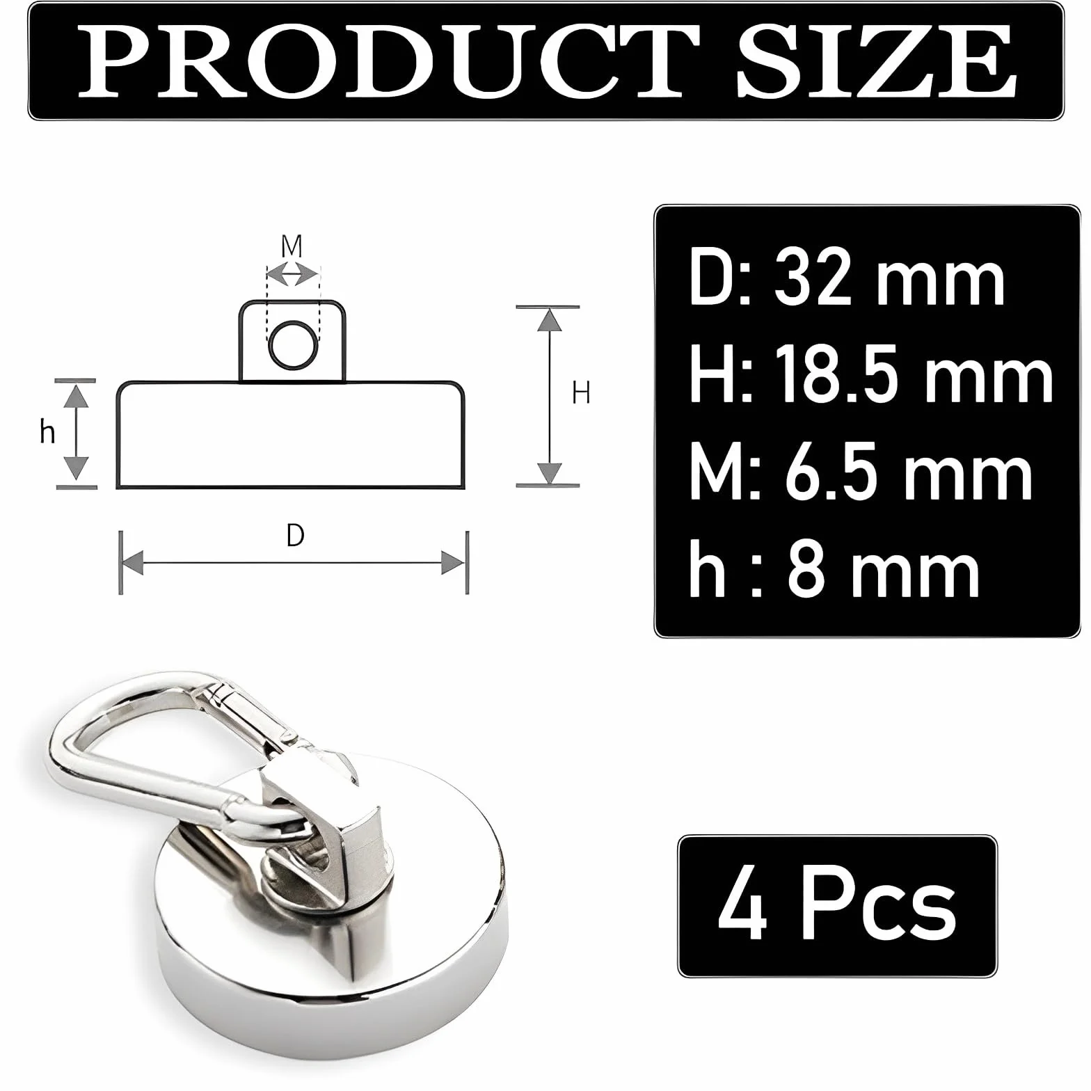 Ganci Magnetici 32mm 36kg Neodimio Ruotabili 360° con Moschettone 4 Pezzi
