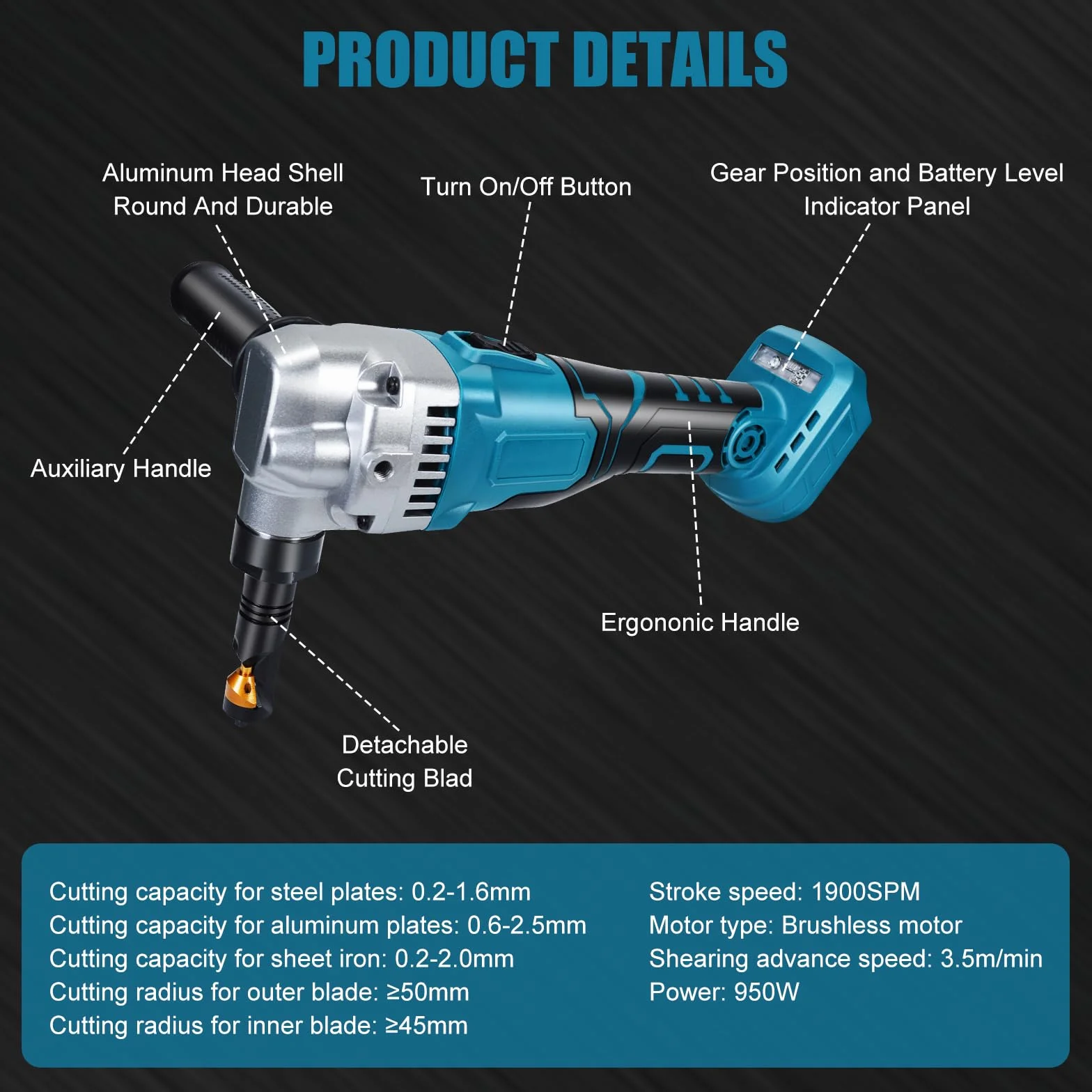 Roditrice per Lamiera a Batteria 950W 1900SPM 3,5m/min Testa Rotabile 360°