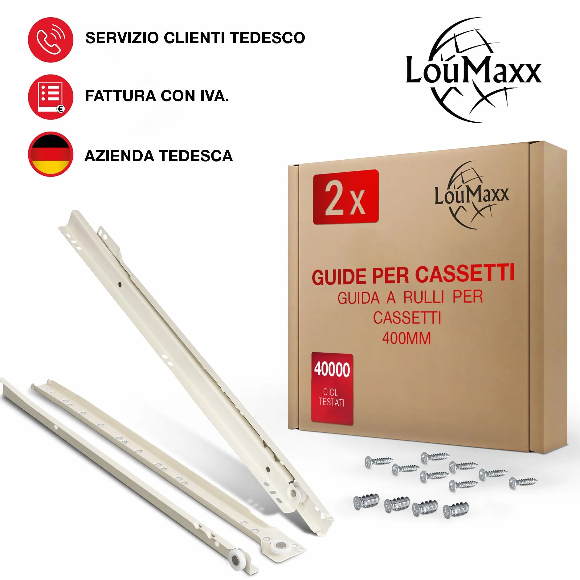 LouMaxx Guide per Cassetti 400 mm Set di 2 Bianco a Scorrimento Morbido