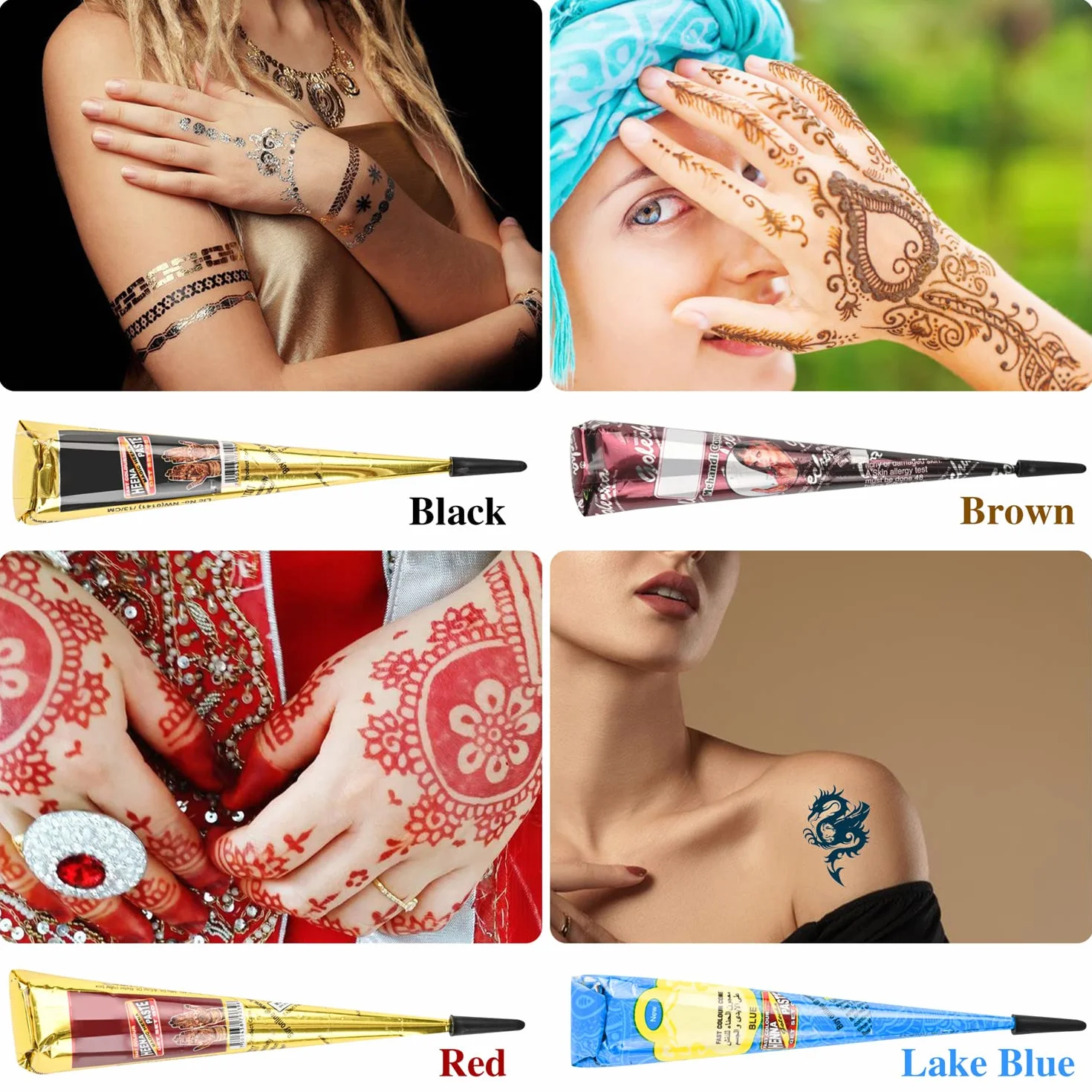 YUXUAN Kit per Tatuaggi Temporanei, 9 Colori Tatuaggi Temporanei Cono, 108 Pezzi Set di Modelli per Stencil, 1 Bottiglia Applicatore e 5 Ugelli di Plastica, Kit per Tatuaggi Halloween, Natale.