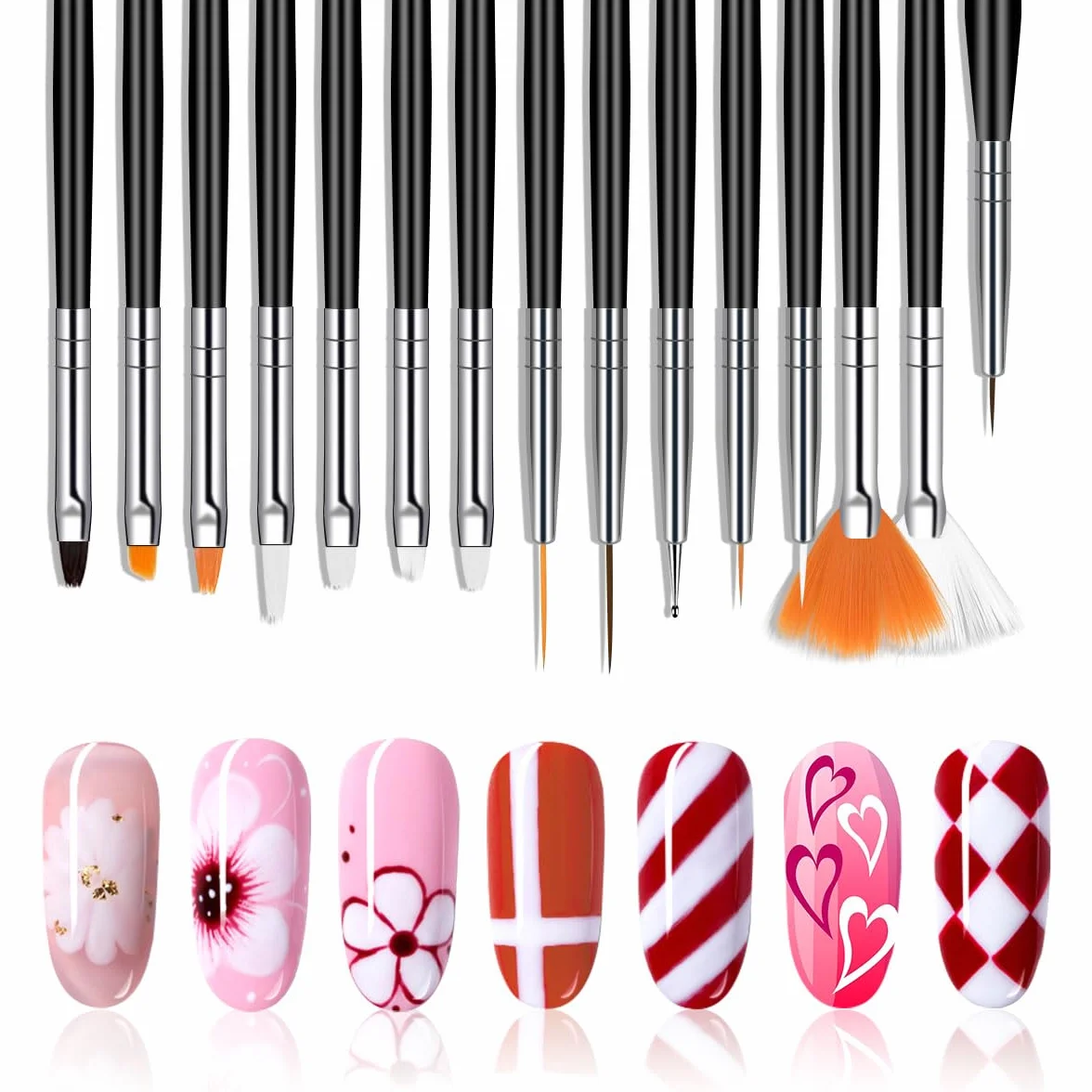 Nail Art Pennelli Unghie, 15 Pezzi Pennelli Unghie Gel e 5 Pezzi Dotter per DIY Disegno Decorazioni, Pennelli Nail Art Professionali per Disegnare DipingereLlinee e Fiori, Nero
