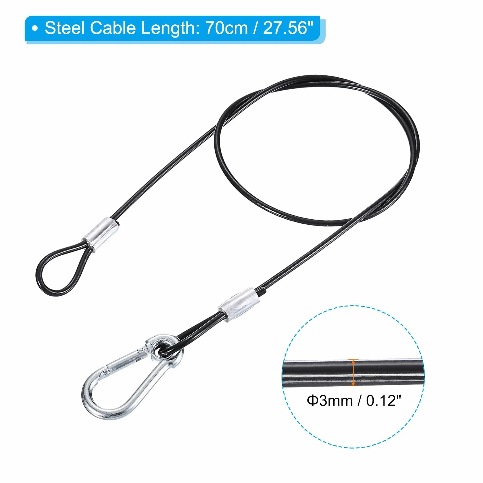 PATIKIL Cavo di Sicurezza in Acciaio Inossidabile 70cm 3mm 2pz Lucchetto a Doppio Ring per Illuminazione Palco Bagagli