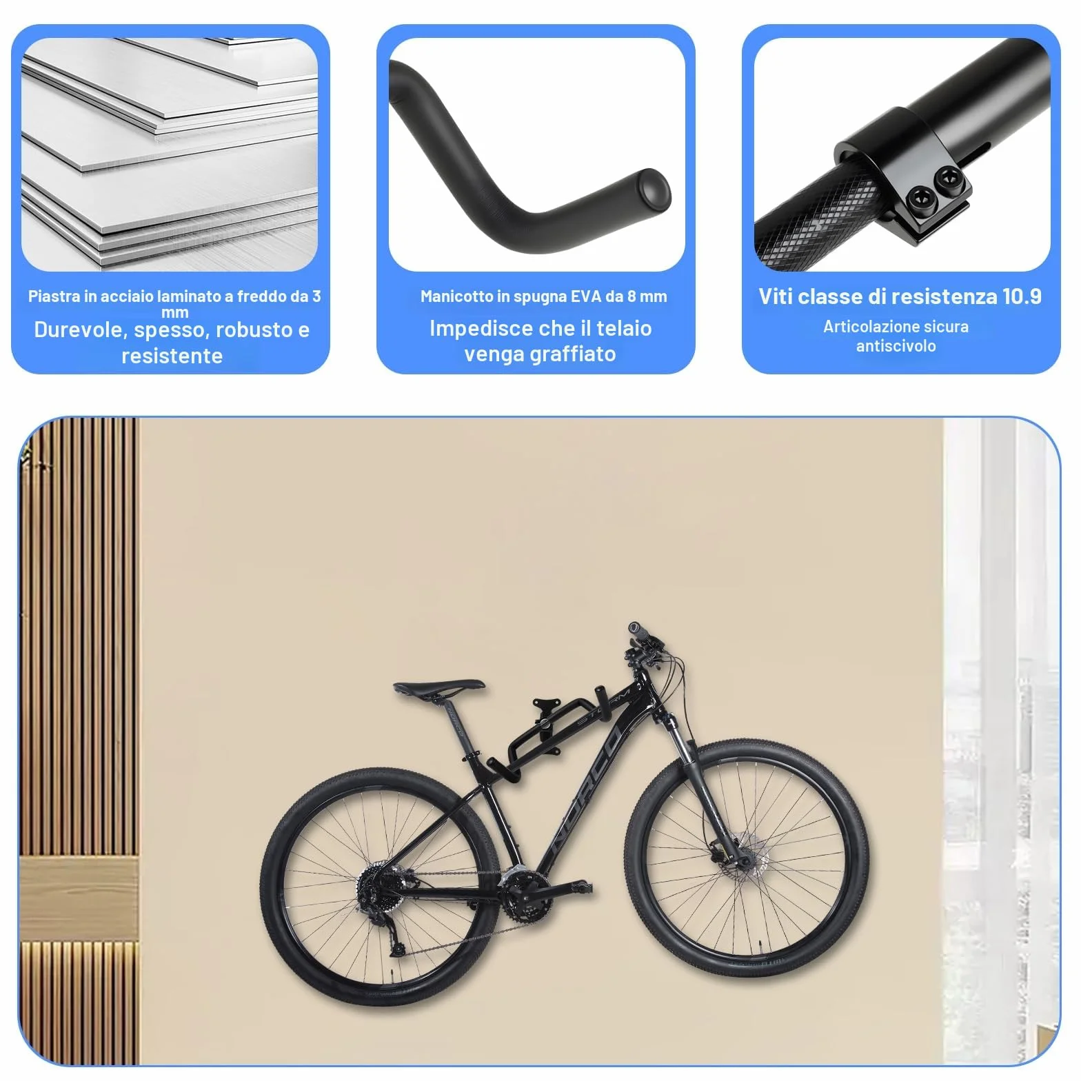 Porta Bici da Muro 30 kg 360° Girevole Estraibile Pieghevole 90° Protezione Schiuma EVA 8 mm