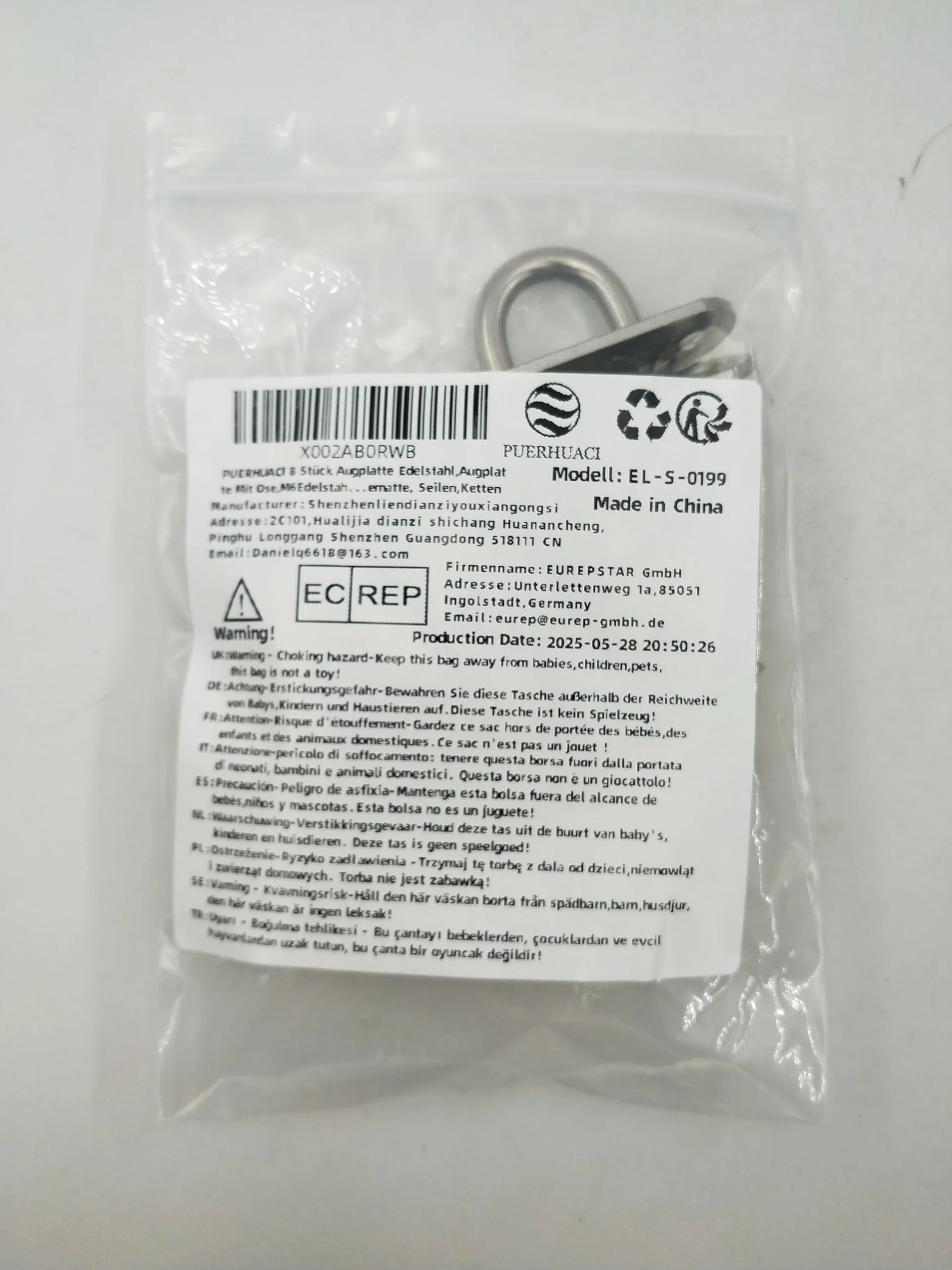 Gancio da soffitto M6 in acciaio inox per poltrona sospesa, 8 piastre oculari