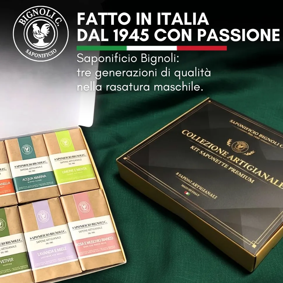 Bignoli Set Regalo Saponette Artigianali – 8 saponi corpo profumati in cofanetto premium, artigianale Made in Italy con formule tradizionali e confezioni singole (Classic)
