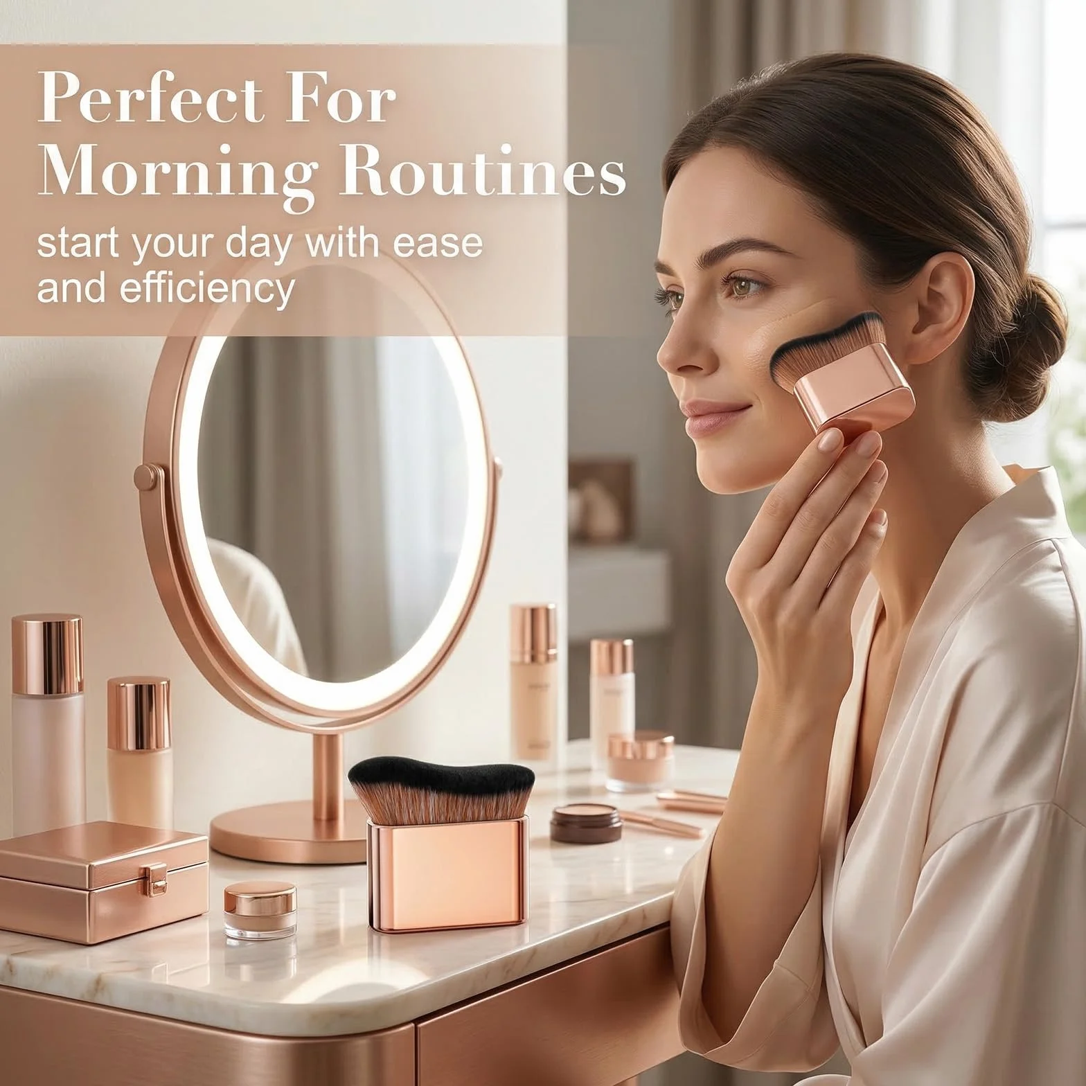 1 Pennello per Fondotinta Ondulato in Rosa Oro, Pennello Autoabbronzante e Bronzer Professionale per Viso e Corpo, Applicatore Ergonomico ad Alta Densità