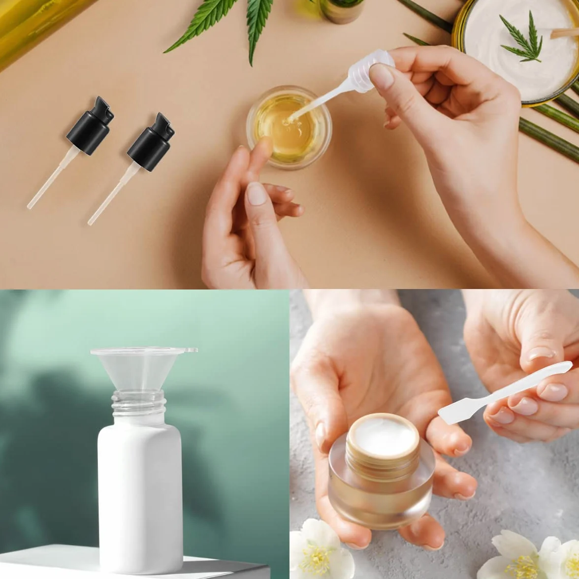 4 Plastica Pompe di Fondotinta di Ricambio Compatibile con Fondamenti Coloranti Doppia Azione Mac ed Estée Lauder, Cambiatore di Pompa di Trucco (con cucchiaio, pipetta, Imbutito)