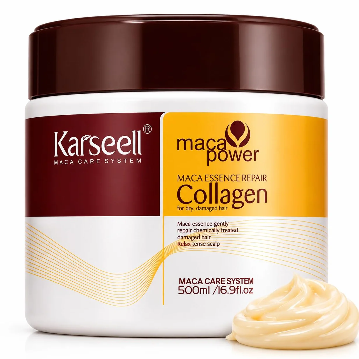 Karseell MACA CARE SYSTEM Maschera Capelli Professionale Collagene Olio Argan Cocco Avocado Cheratina Karité Ristrutturante Nutriente Idratante Anticrespo Capelli Secchi Danneggiati Rovinati 500ml