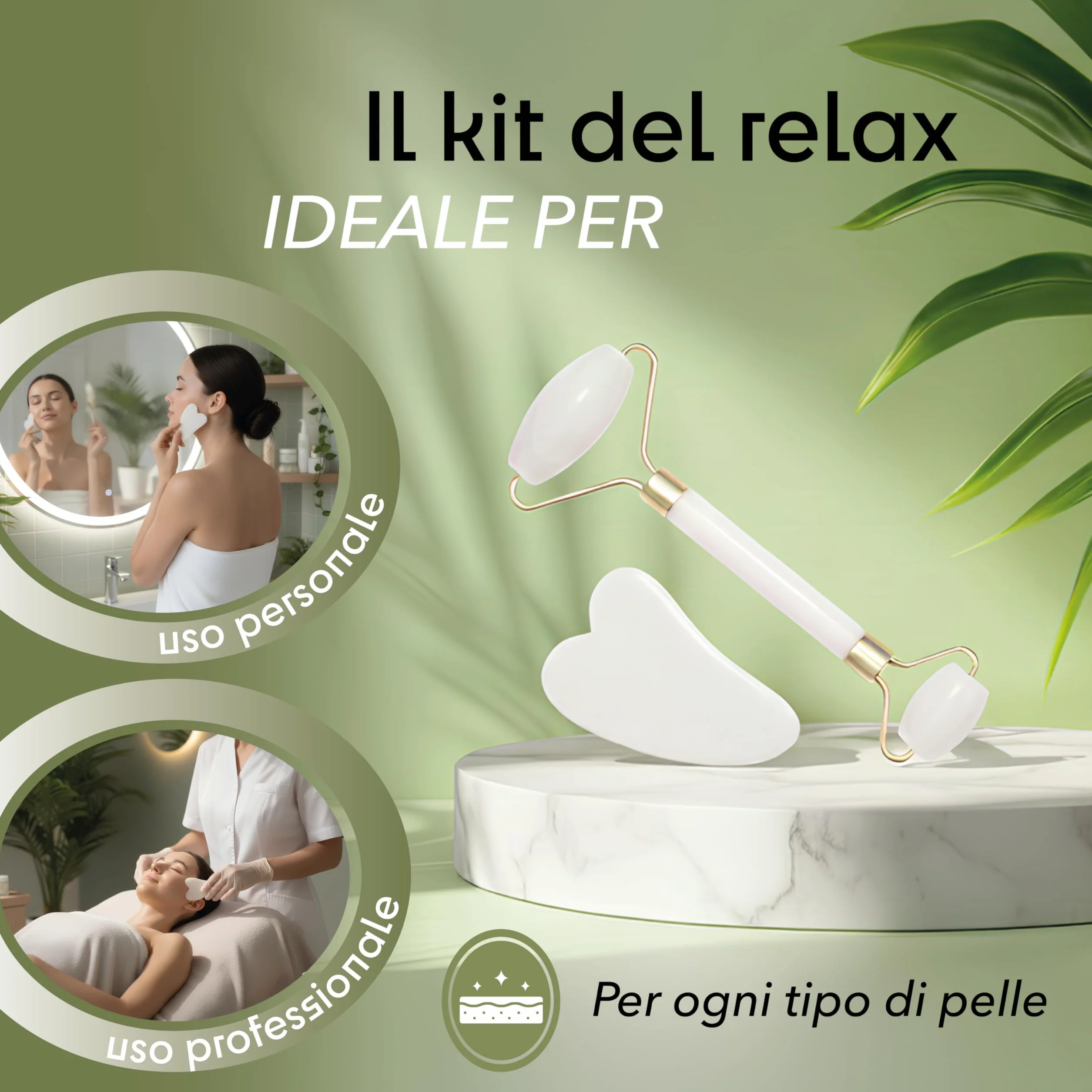 Gua Sha Viso e Rullo di Giada – Pietra Naturale per Massaggio Viso Lifting, Rullo Viso Quarzo Rosa Anti Gonfiore, Strumento Beauty Tool Relax