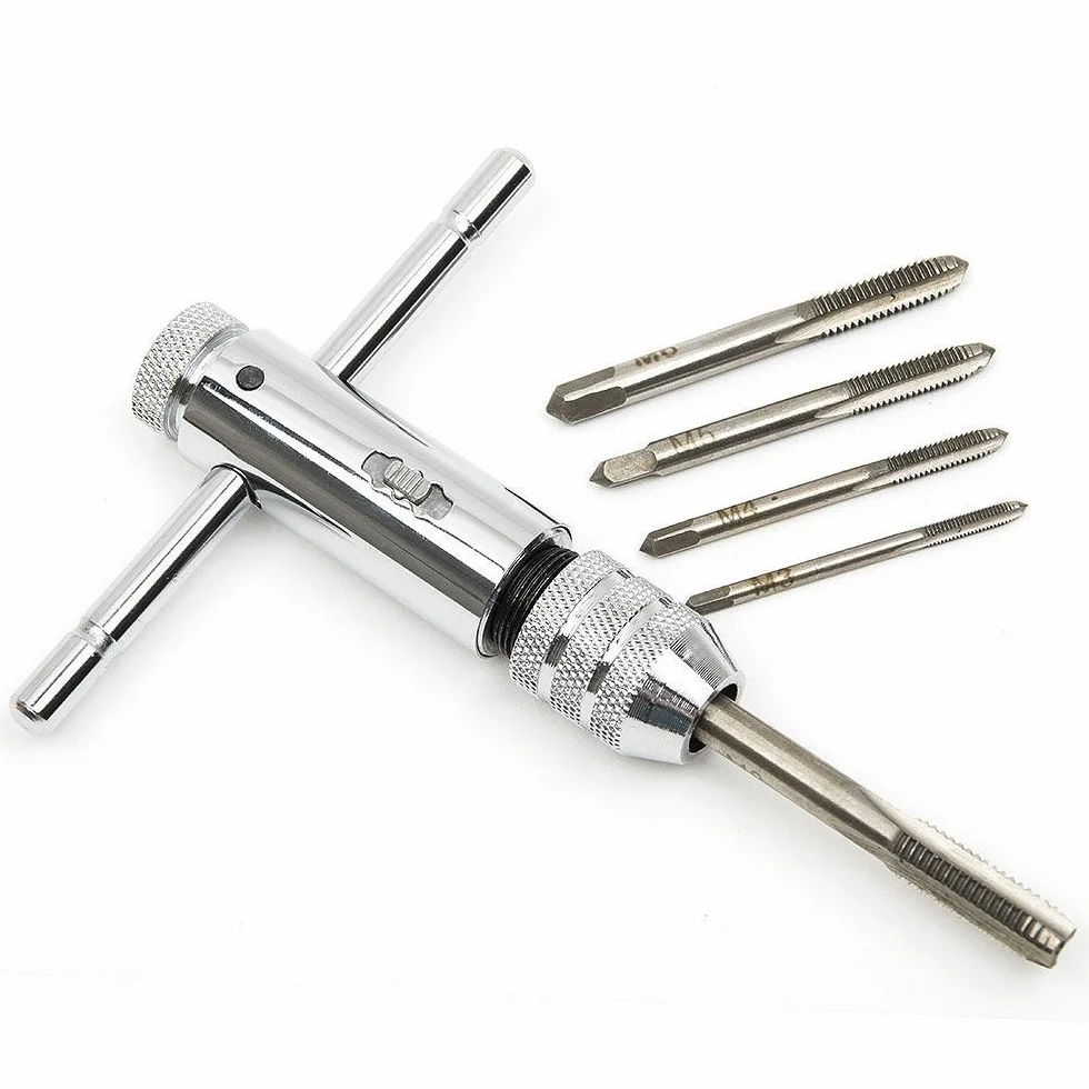 Set 5 Pezzi Maschi a Mano M3/4/5/6/8 HSS per Filettare con Giramaschi Regolabile