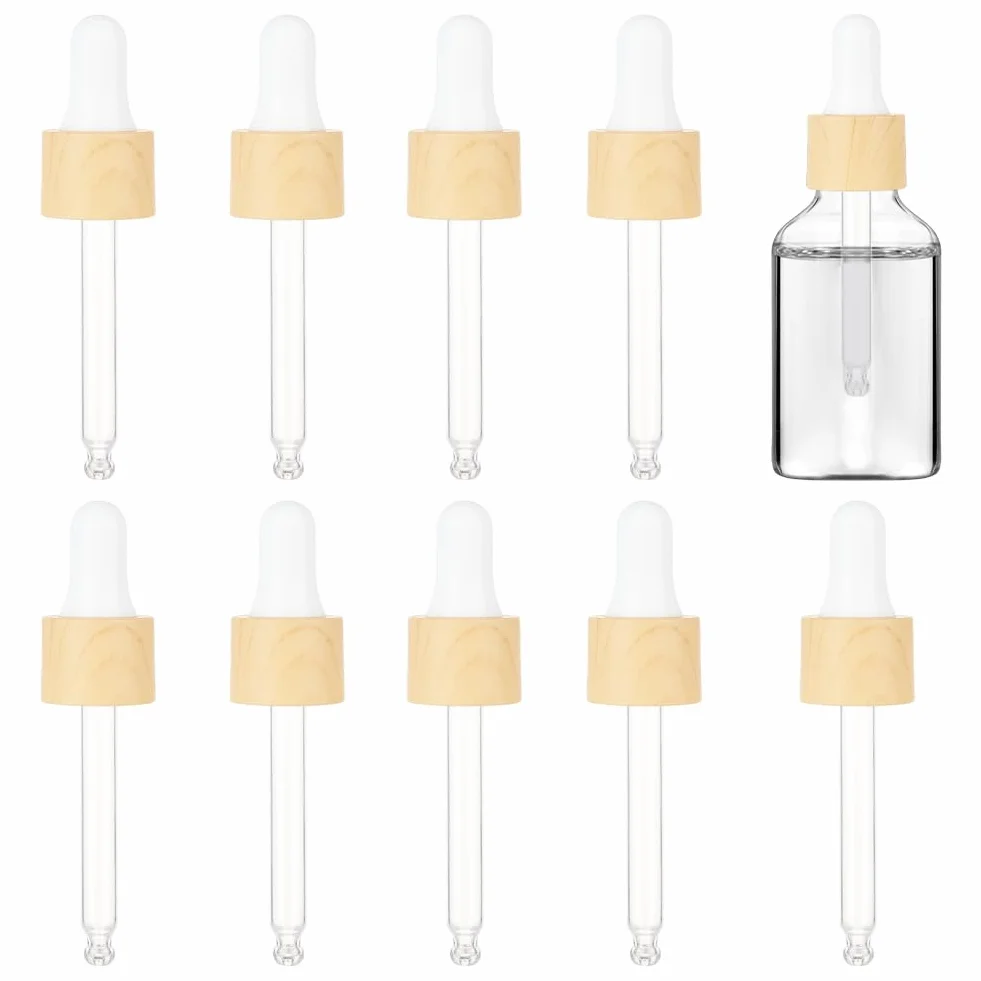 BENECREAT 10 set Contagocce In Vetro, Contagocce per Olio con Coperchio Rotante A Pressione Da 20 ml, Pipetta Contagocce In Vetro con Venature In Finto Legno per Flaconi di Olio Essenziale