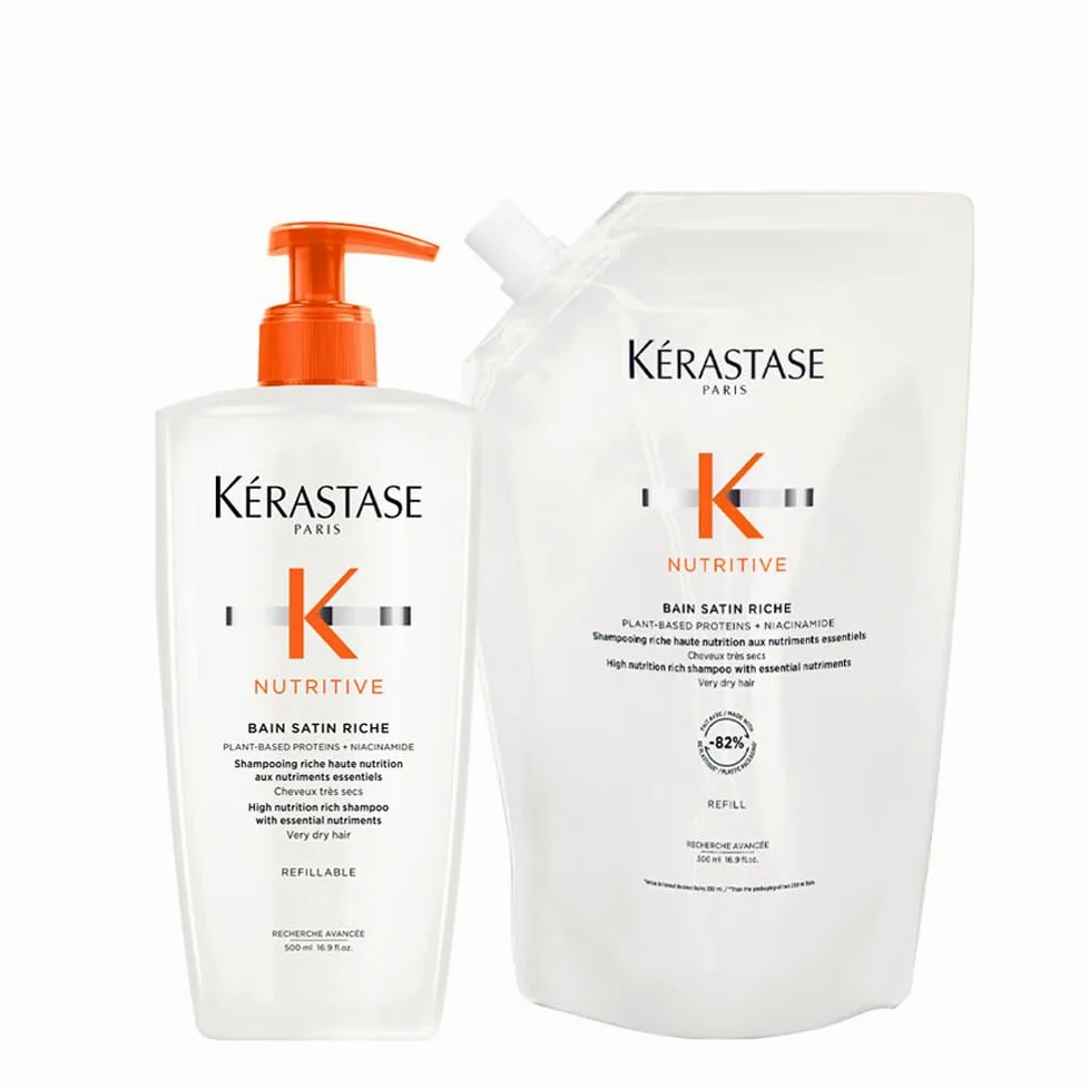 Kérastase Nutritive Bain Satin Riche - Kit di ricarica idratante per capelli molto secchi, contenente: Nutritive Bain Satin Riche 500 ml in dispenser e ricarica da 500 ml