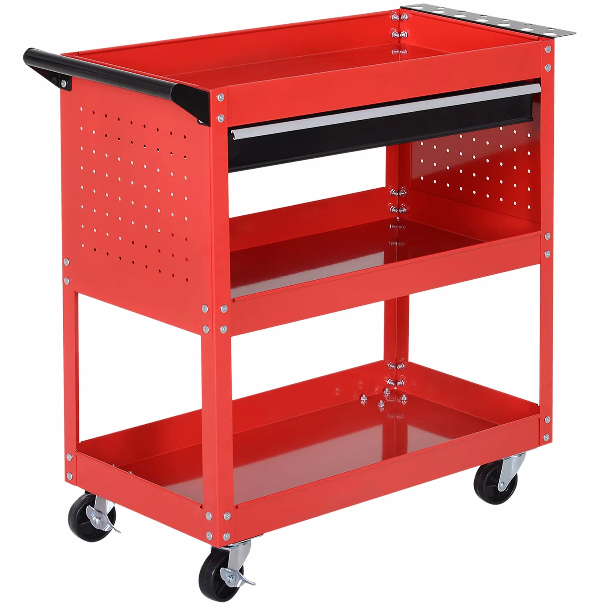 DURHAND Carrello Porta Attrezzi con Cassetto e 3 Ripiani, 4 Ruote, Lamiera di Acciaio, 82x35x76 cm, Rosso