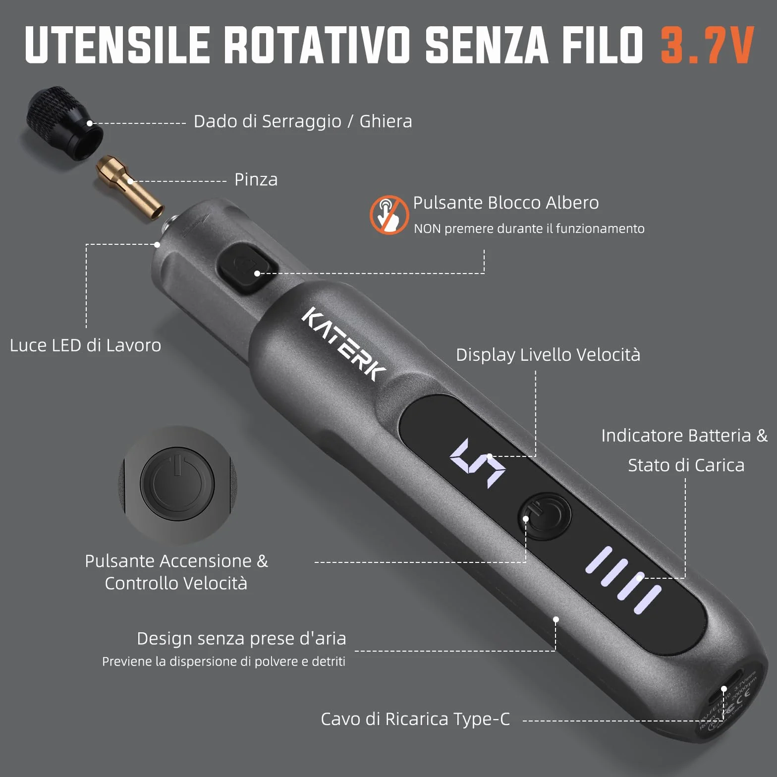 Katerk Kit di Utensile Multifunzione 3.7V Utensile Rotante 20000 giri/min 2500mAh 70 Accessori per Foratura Fresatura Incisione Lucidatura Grigio