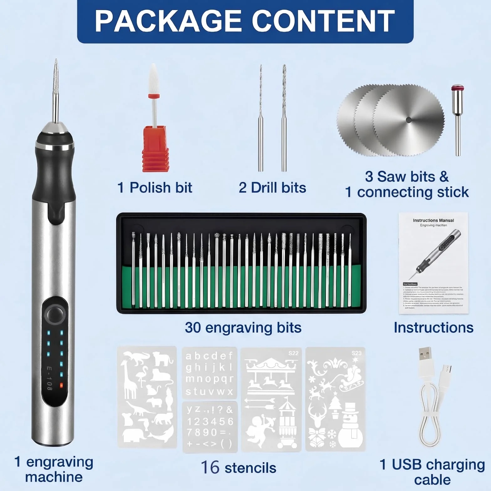 Penna Incisione Elettrica Ricaricabile 3 Velocità 5000-18000 giri/min USB-C 37 Accessori + 16 Stencil Legno Vetro Metallo Pietra