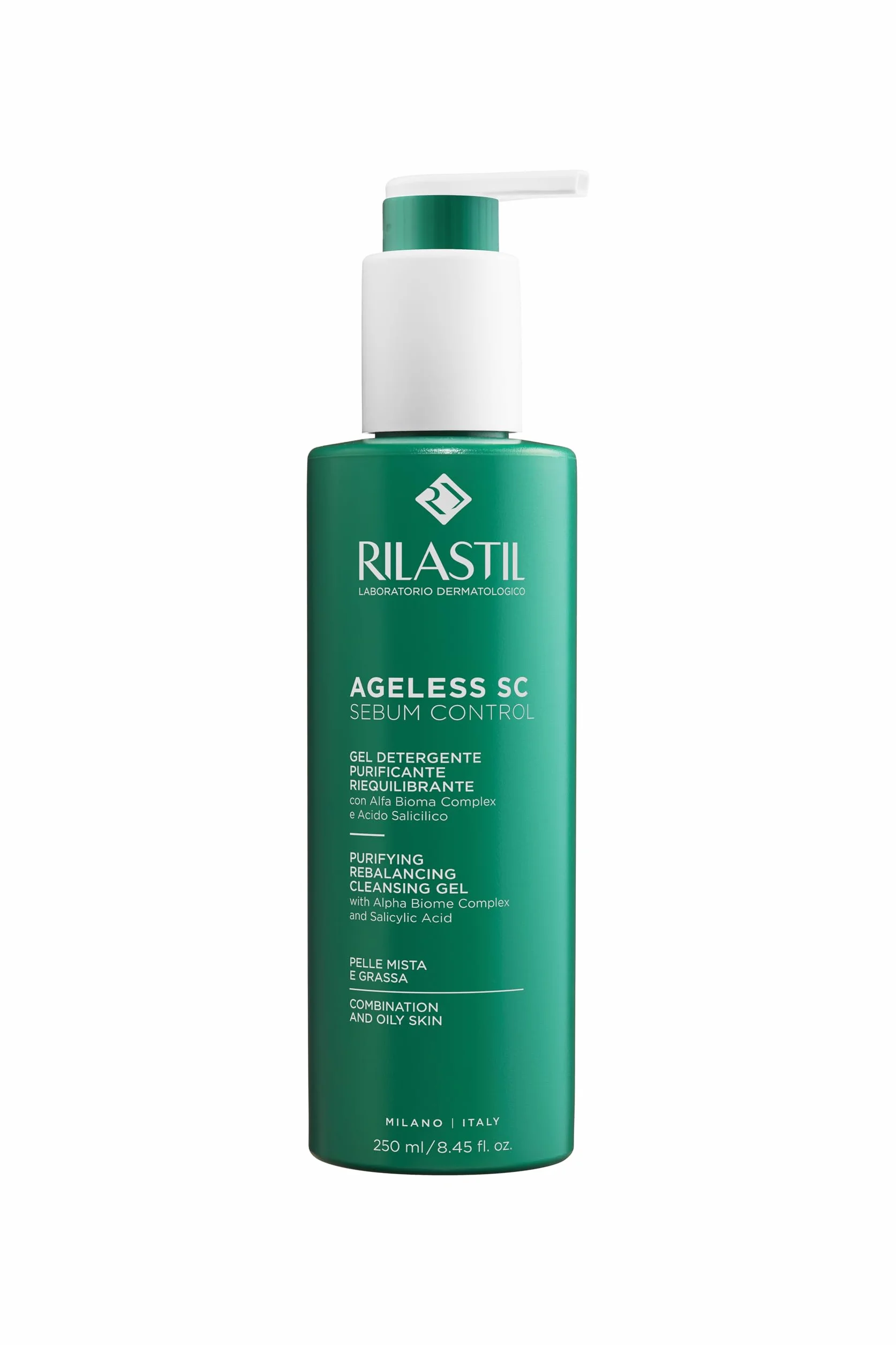 Rilastil Ageless SC Sebum Control, Gel detergente purificante e riequilibrante viso con Alfa Bioma Complex e Acido Salicilico ad azione sebonormalizzante, 250 ml