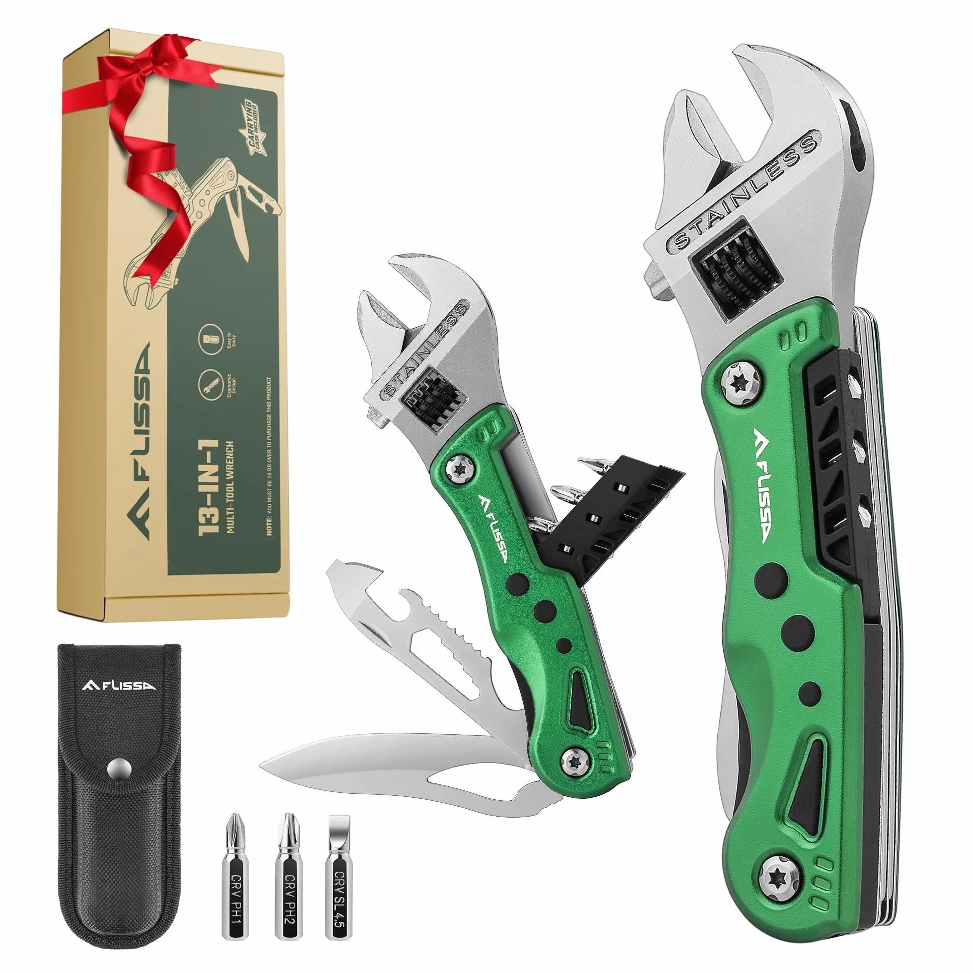 FLISSA Multitool 13 in 1 Chiave Multiutensile Regolabile con Borsa per Riparazioni Auto e Domestiche Verde