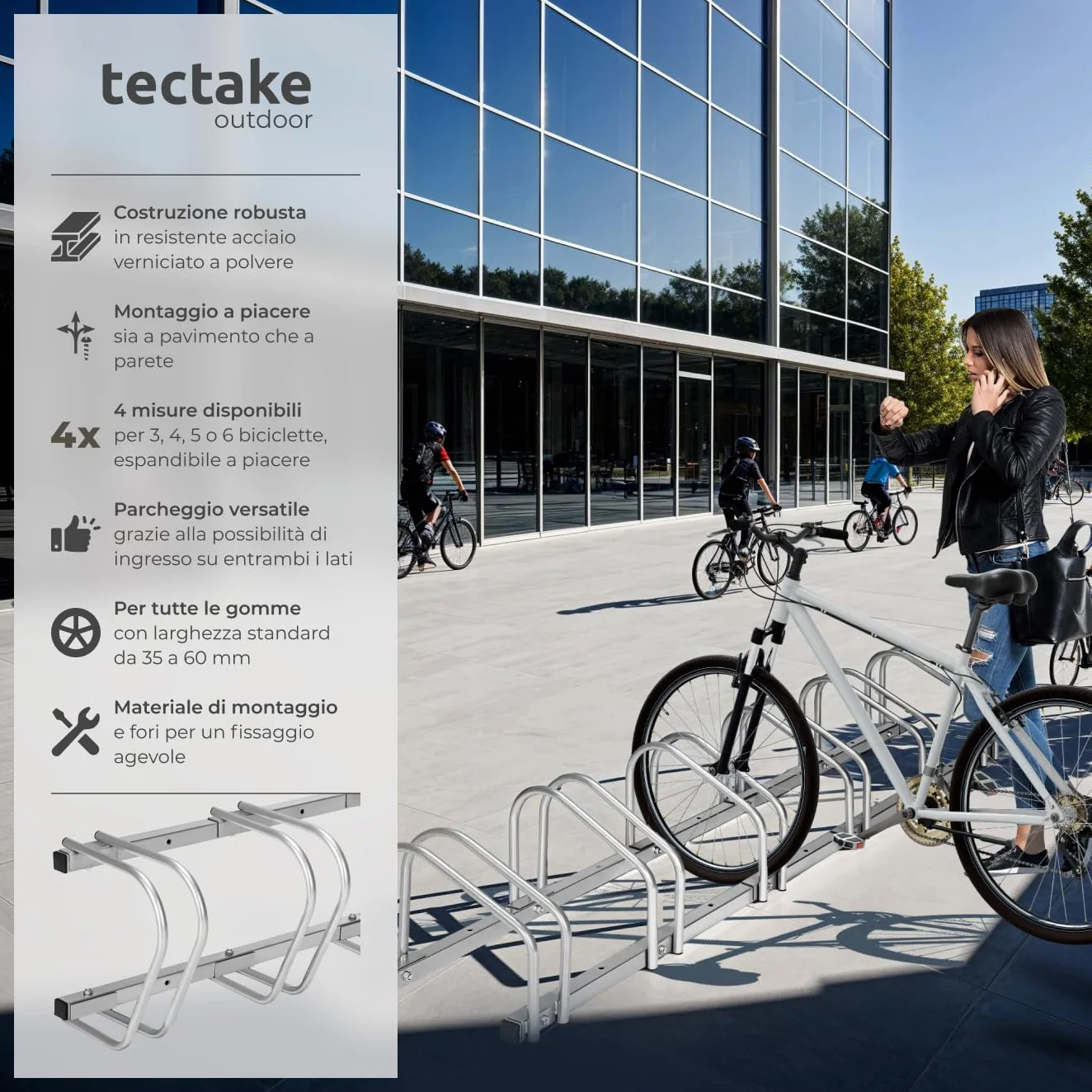Rastrelliera Biciclette Acciaio 6 Posti Portabici Modulabile Argento