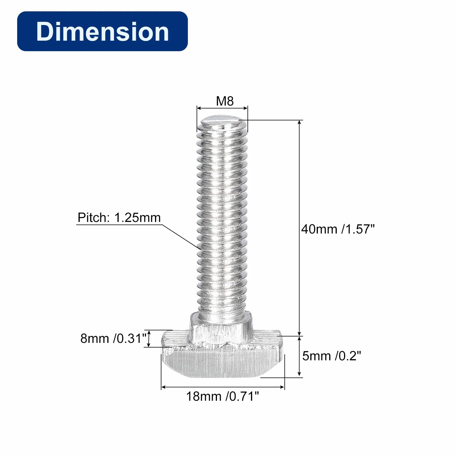 Bulloni a T-Slot M8 x 40mm Acciaio Carbonio Nichelato per Profilo Alluminio 4040