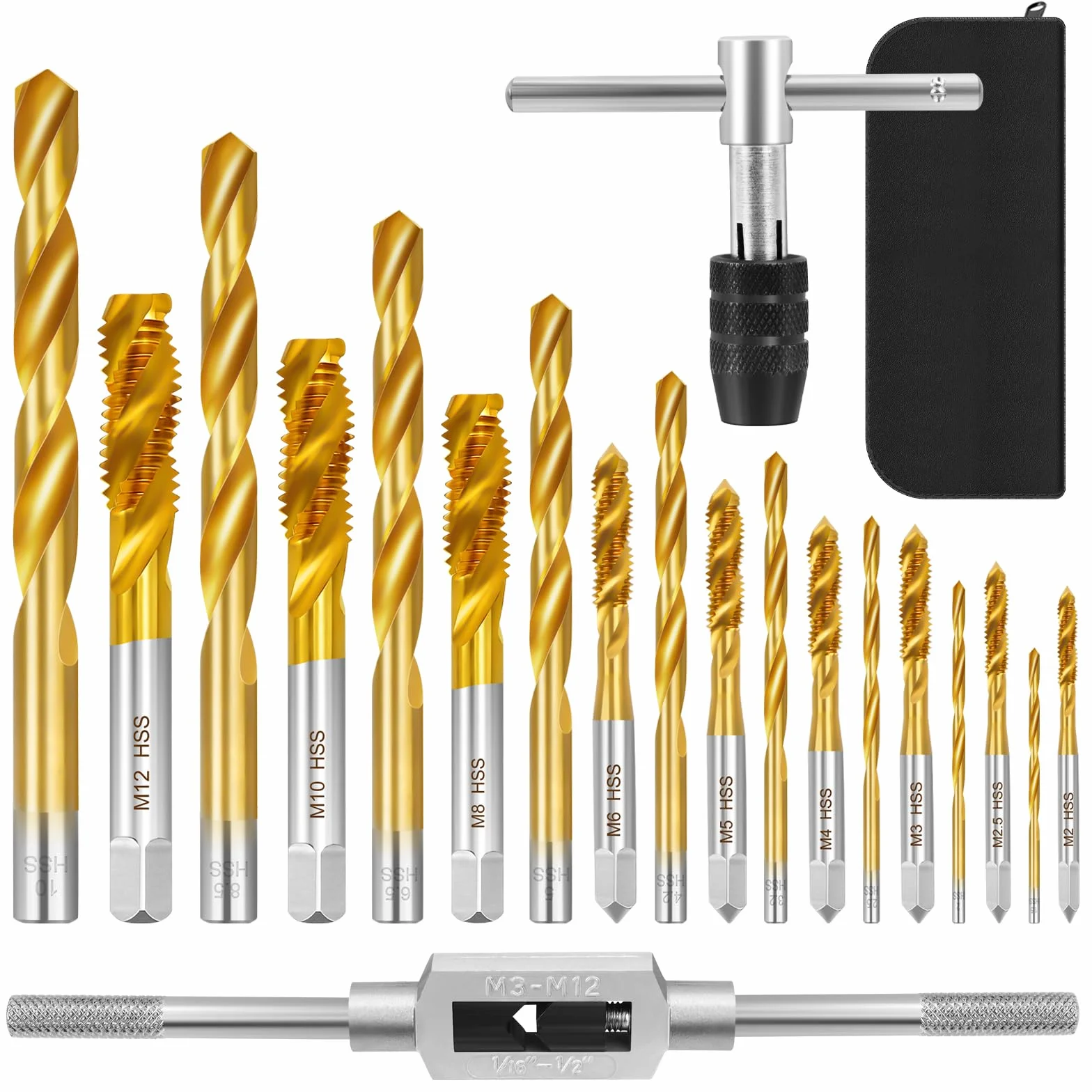 Kit Maschiatura Filettatura Manuale 21 Pezzi, Punte e Maschi M2-M12 1,5-10mm con Borsa in Pelle