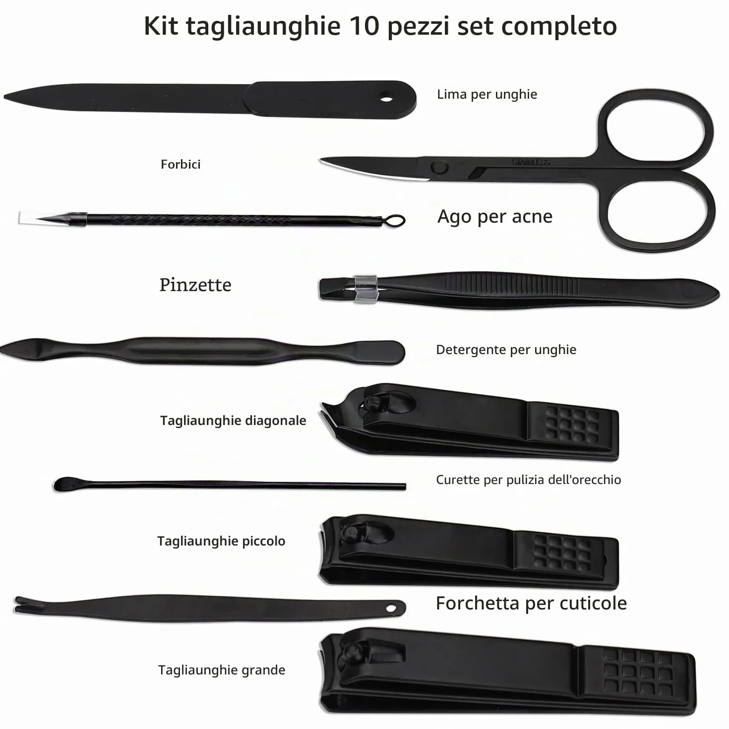 Glamne Set manicure Kit tagliaunghie Strumenti professionali per la cura delle unghie in acciaio inossidabile con custodia da viaggio in pelle 10 in 1 Nero