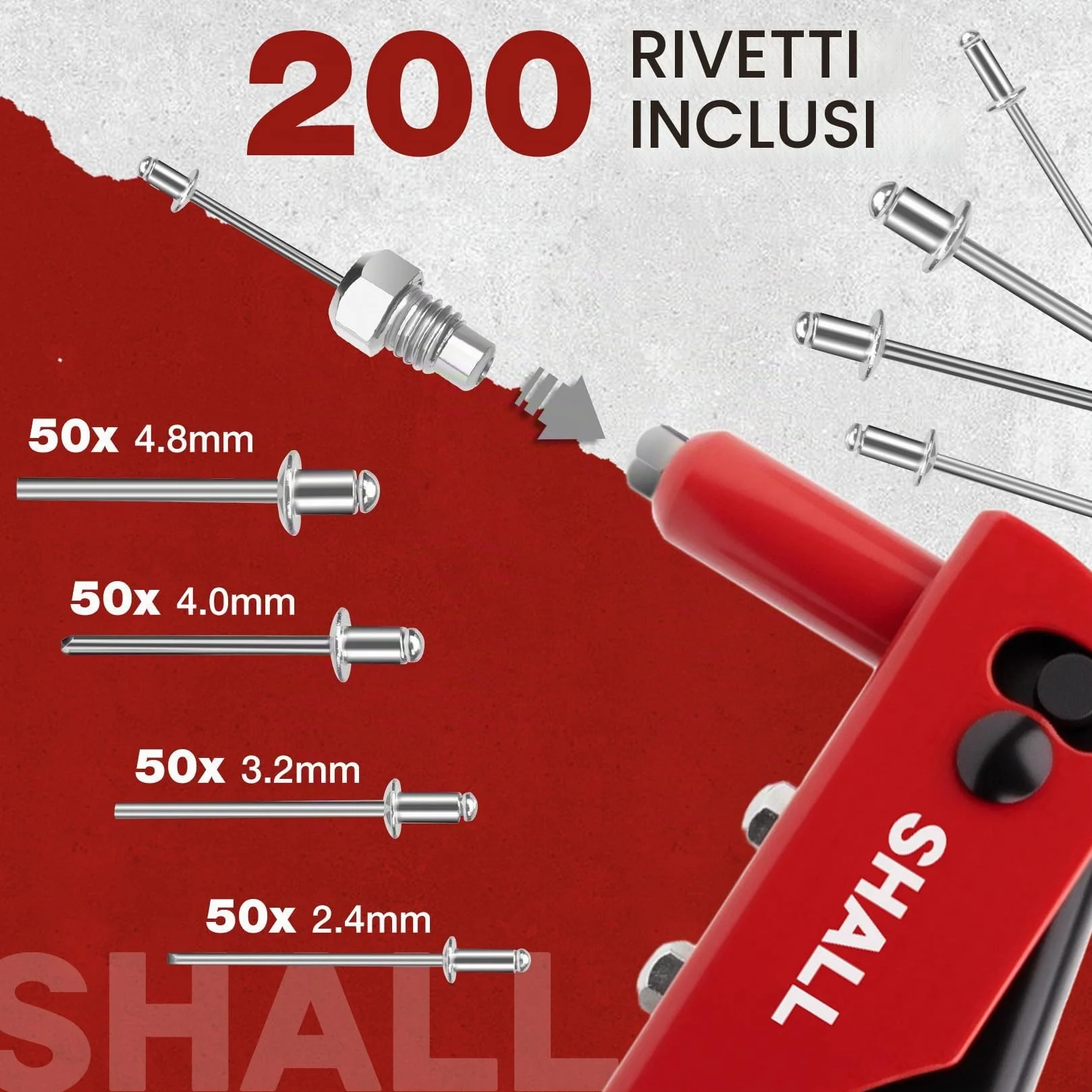 SHALL Set Rivettatrice Manuale 4 in 1 200 Rivetti 4 Misure 2,4-4,8 mm
