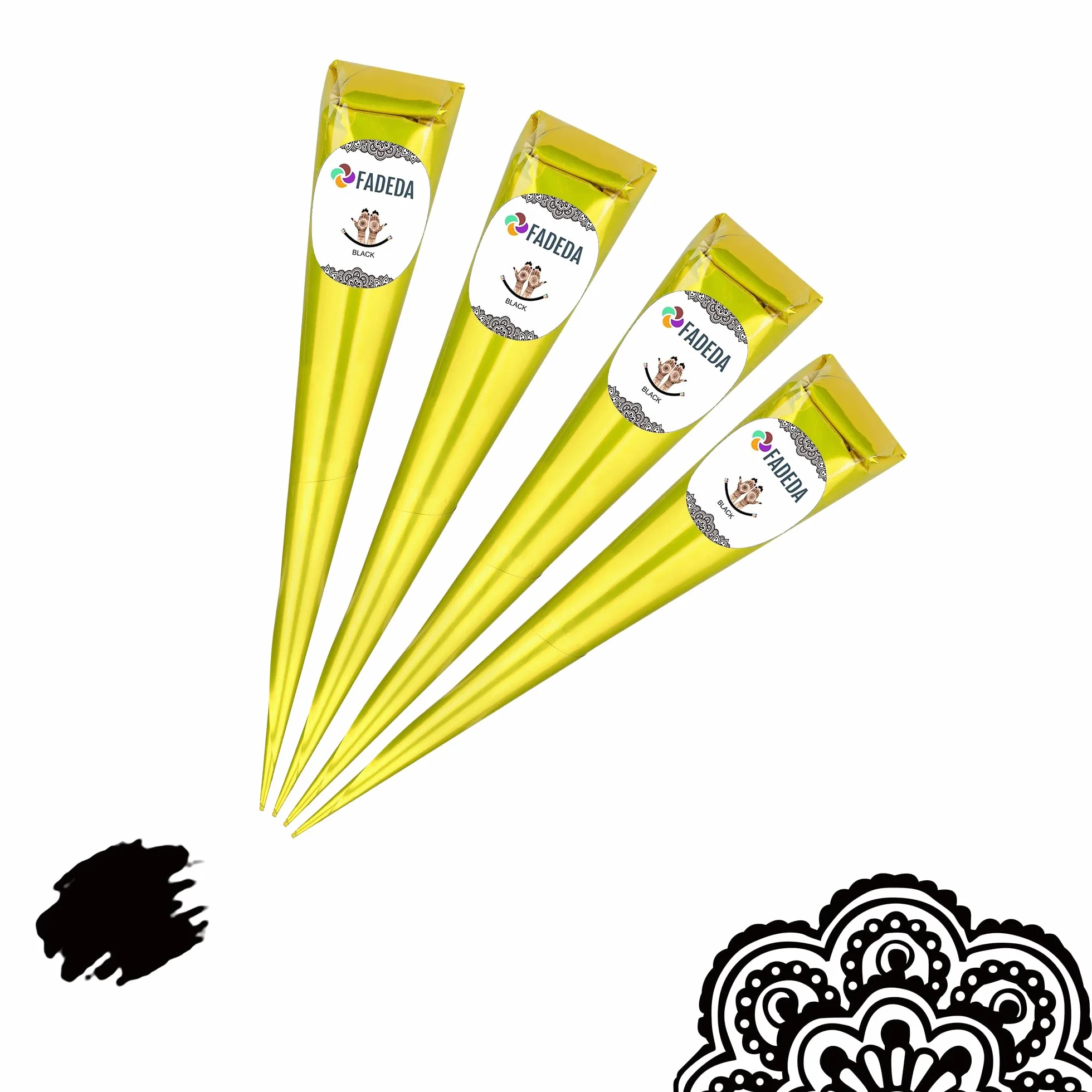 4 coni di henné FADEDA | 4 x 25 g pasta naturale | nero | 8 diversi stencil | 100% vegetale | pronto all'uso e senza PPD