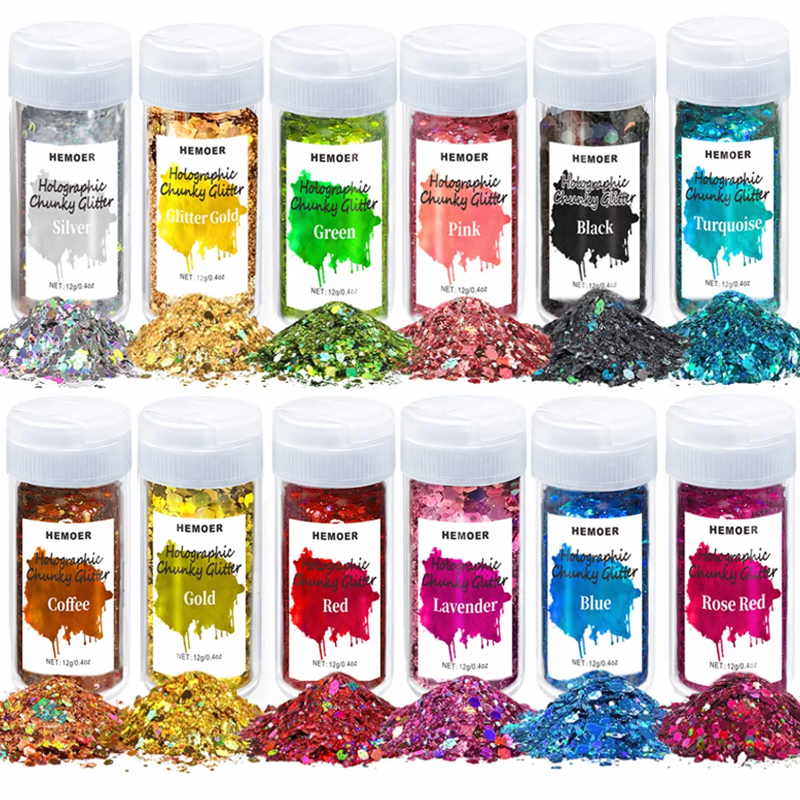 HEMOER 12 Colori Glitter Grosse Olografiche, 144g Holographic Chunky Glitter per Corpo, Paillette per Resina Epossidica, Capelli, Unghie, Viso, Trucco del Festival