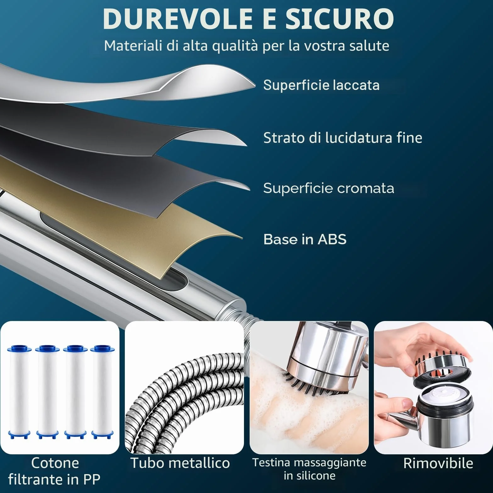 LENDOO Soffione Doccia Alta Pressione con Tubo 1.5M 4 Modalità Spruzzo Anticalcare Filtro Sostituibile Argento