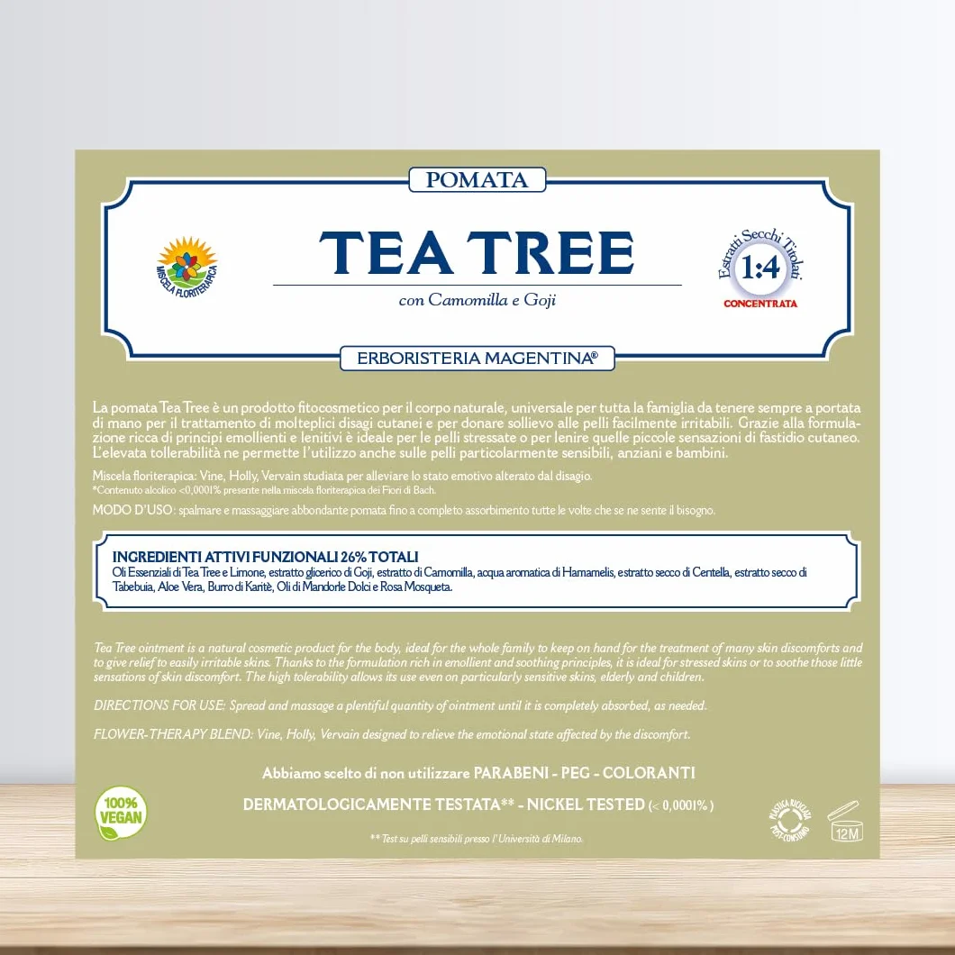 Erboristeria Magentina TEA TREE POMATA 100 ml - Pomata dai Mille Usi, Ideale in Caso di Secchezza Cutanea, Per Idratare e Proteggere le Pelli più Delicate anche in Presenza di Pruriti