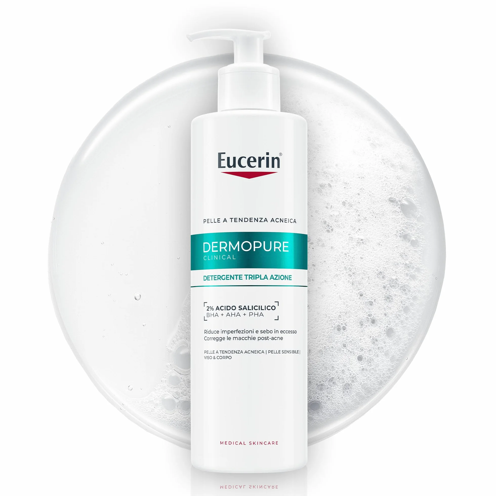Eucerin DermoPure Clinical Detergente Viso Tripla Azione 400 ml, Detergente schiumogeno viso anti macchie, imperfezioni e lucidità con 2% Acido Salicilico per pelle grassa e a tendenza acneica