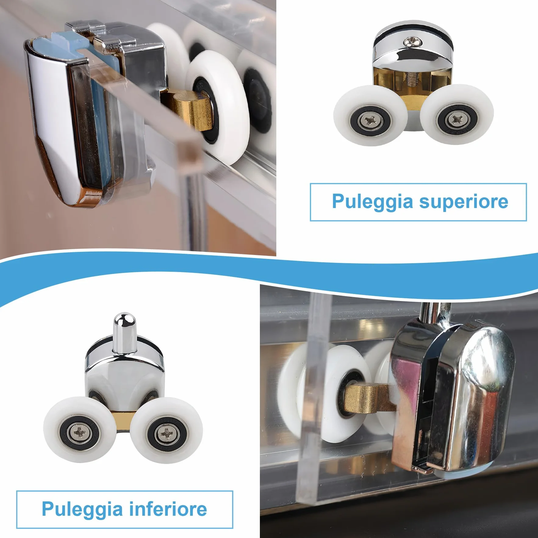 Rulli per Porta Doccia Ø25 mm, Rotelle per Box Doccia in Vetro 4-6 mm, Kit Porta Scorrevole
