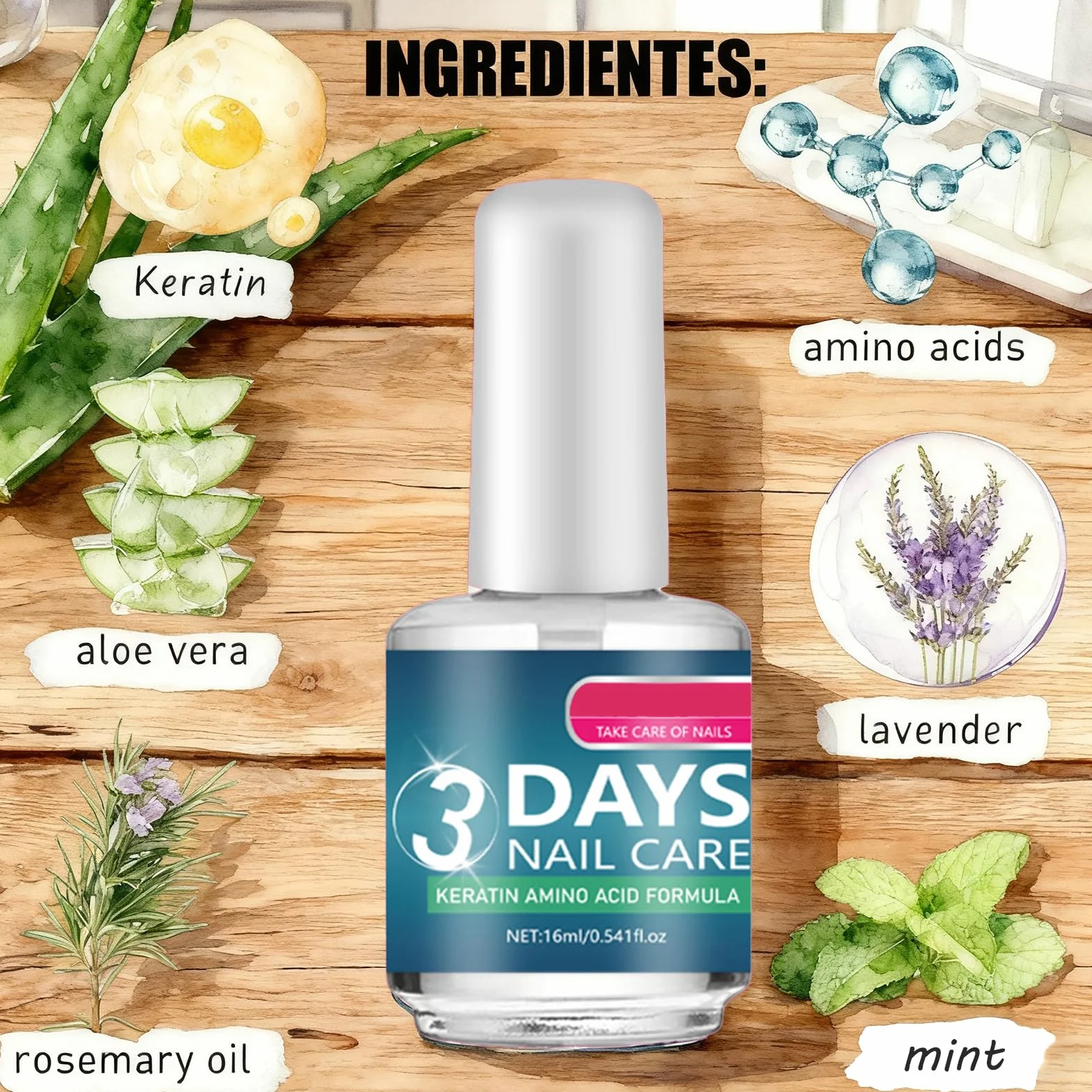Cura delle unghie in 3 giorni, siero fortificante alla cheratina e agli aminoacidi per unghie fragili e danneggiate, siero di crescita da 16 ml e smalto trasparente per una manicure forte e morbida (2