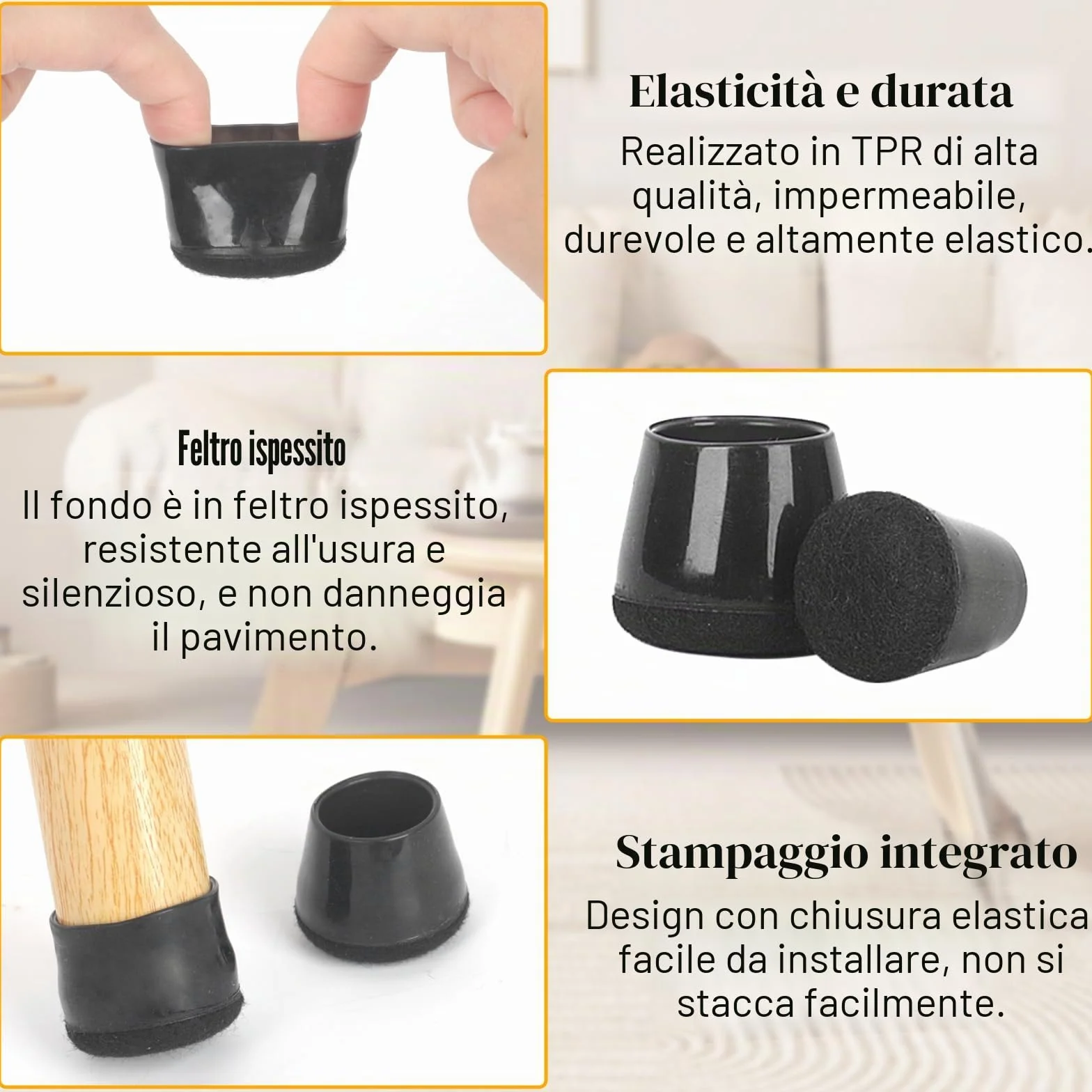 Tappi per Sedie 14-20mm Gommini TPR con Feltrini Protezioni Gambe Mobili Nero