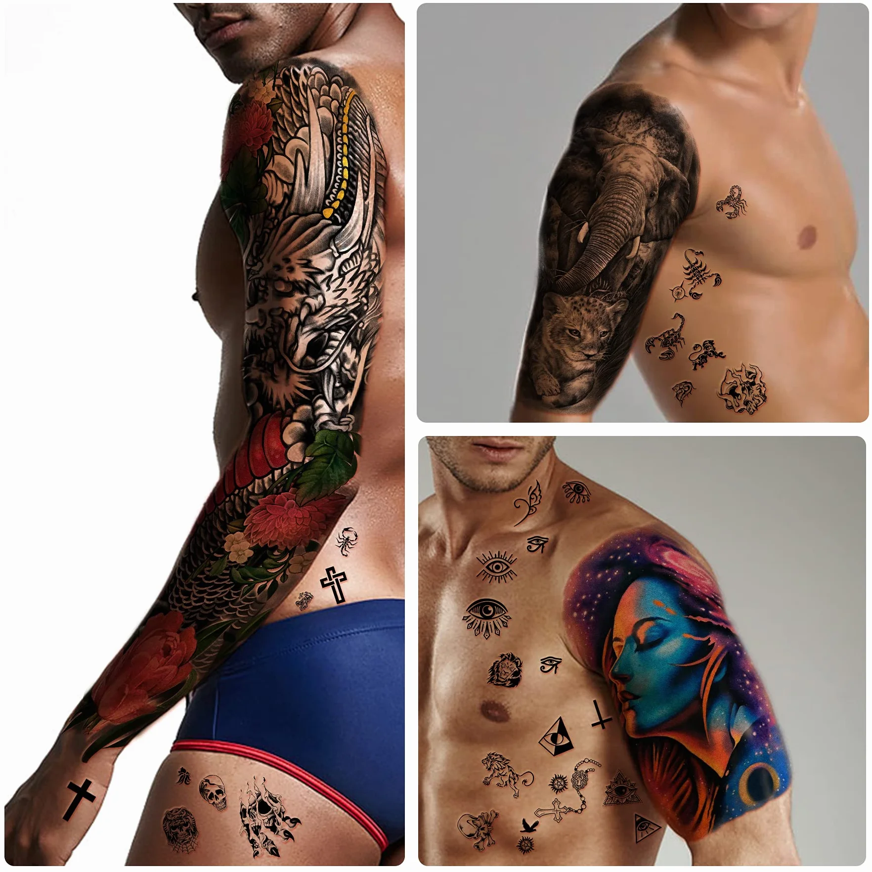 46 fogli grandi tatuaggi temporanei a braccio completo per uomini e donne, adesivi per tatuaggi finti impermeabili con fiore di drago manica per adulti o adolescenti sul corpo avambraccio