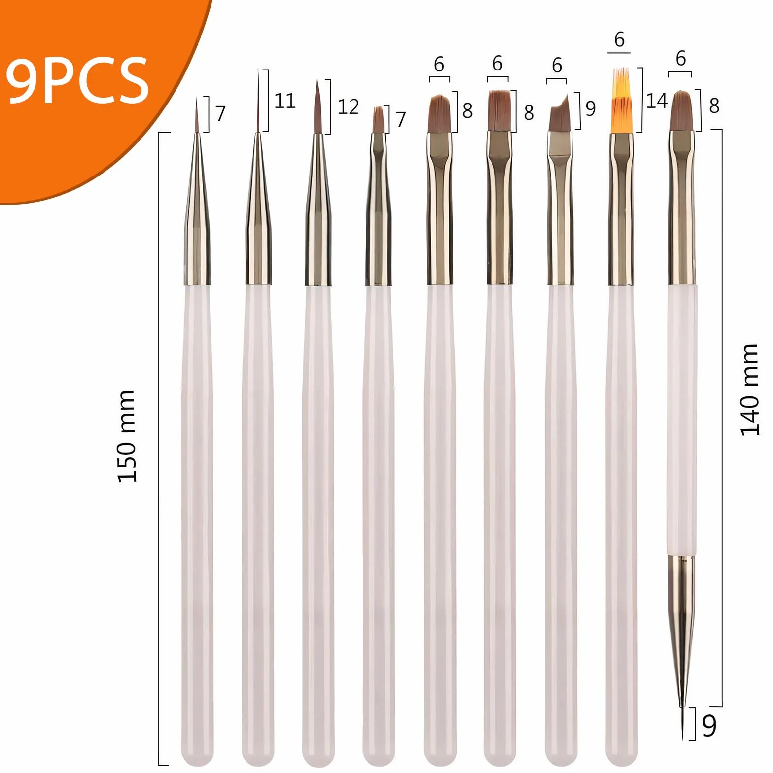 Set 9 Pennelli per Unghie Gel Grigio Ghiaccio,Pennelli per Ricostruzione Unghie e French Nails, Include Pennello Scultura Cristallo e Sfumatore, Set Professionale,per Disegno Lineare e Sfumatura