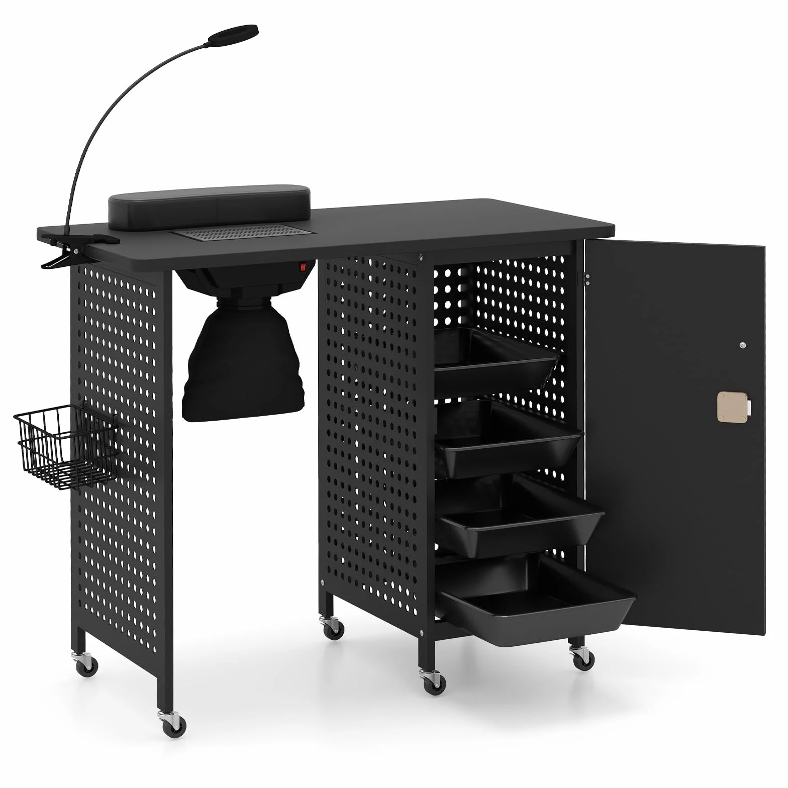 COSTWAY Tavolo Manicure con Aspiratore, Tavolo per Unghie con 6 Ruote Bloccabili, Sacchetti per Polvere, Armadio Chiudibile con 4 Vassoi, Poggiapolsi, Lampada LED e Cestino Metallico, 90x79x45cm