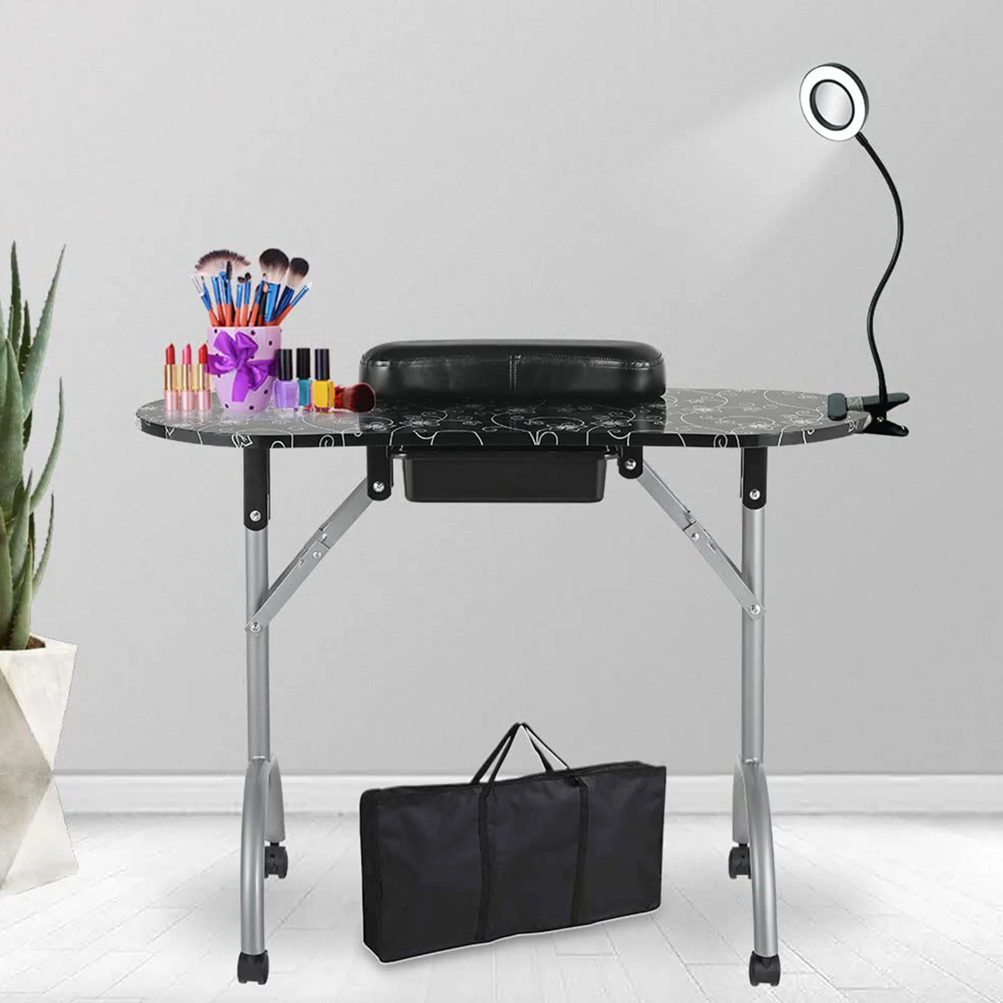 LEIBOU 36 ''L Pieghevole Manicure Tavolo Nail Technician Desk Workstation Manicure Tavolo con Ingranditore USB LED, Ruote di rotolamento, Cassetto, Spugna, Borsa di trasporto gratuita