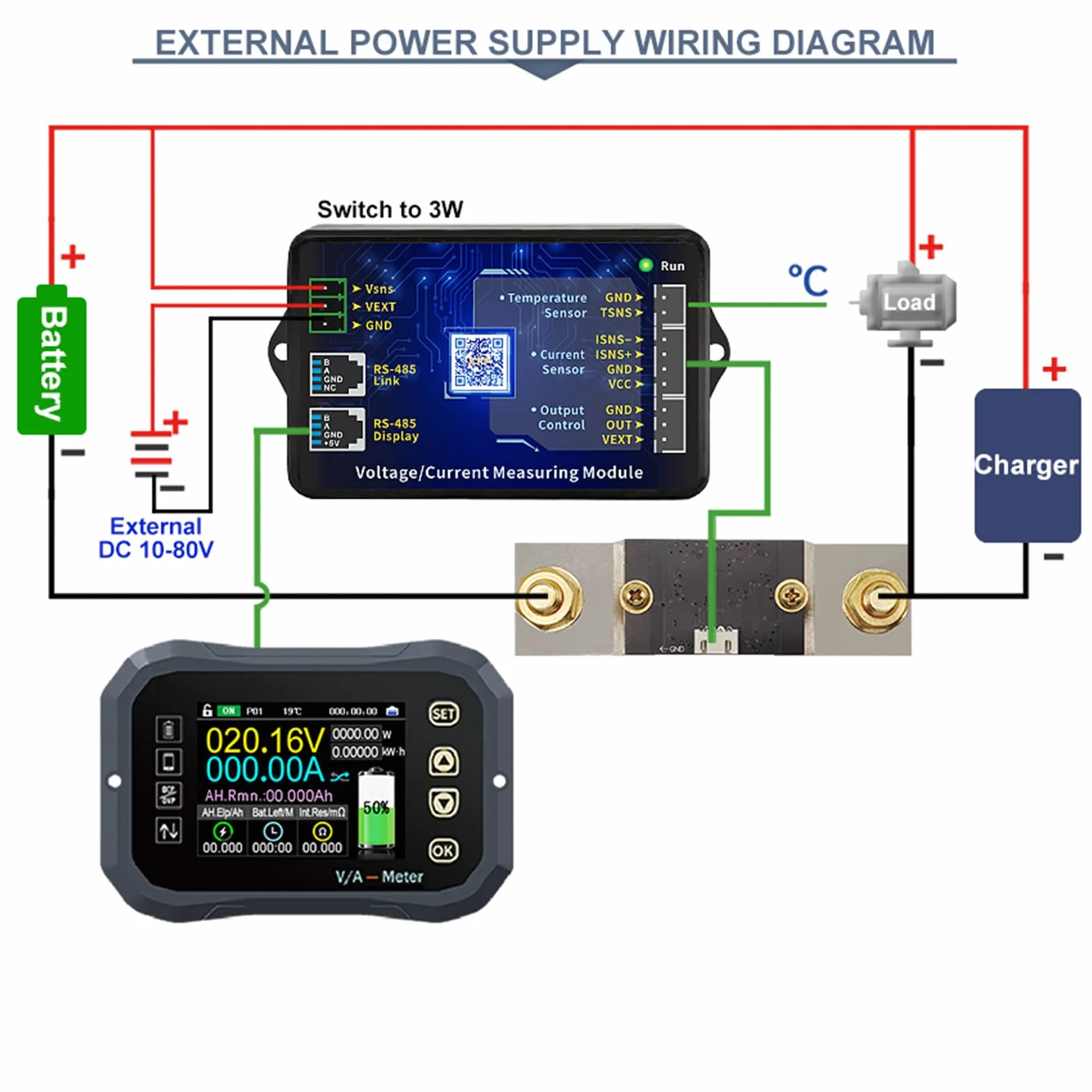 Controllo Mobile Monitor Batteria Amperometro Coulomb 0-120V Digitale APP (KG140F0-400A)