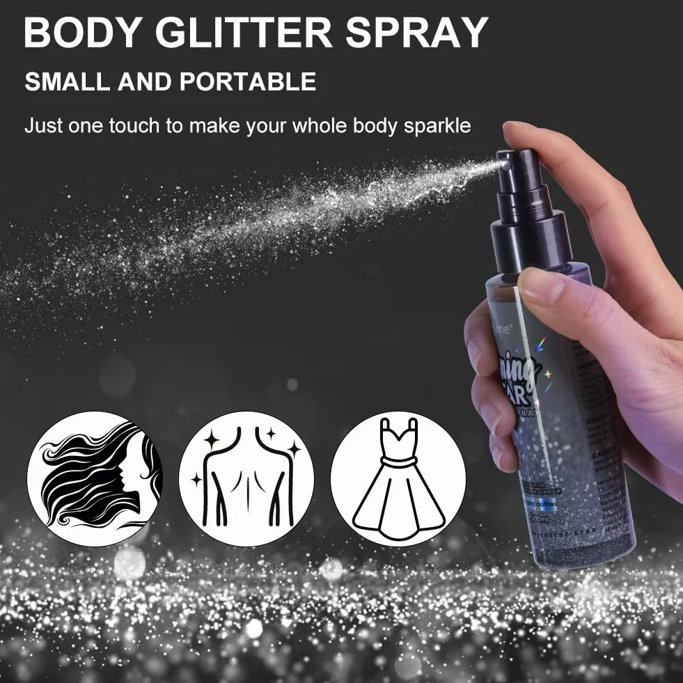 LOPHE Spray Brillantini Glitter, Glitterato Spray per Corpo Viso, Brillantini Corpo Vestiti per Capelli, Ultra Fine, Body Shimmer per Festival di Halloween, Club, Feste (100ml, Argento)