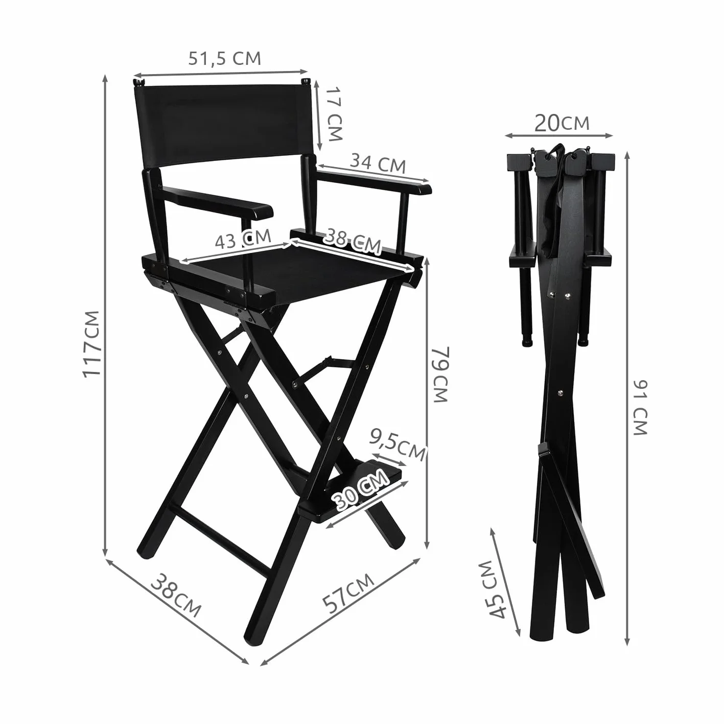 Sedia trucco pieghevole in legno con poggiapiedi e braccioli – poltrona make-up portatile per truccatori, saloni e home studio – leggera, richiudibile, rivestimento impermeabile, portata 140 kg