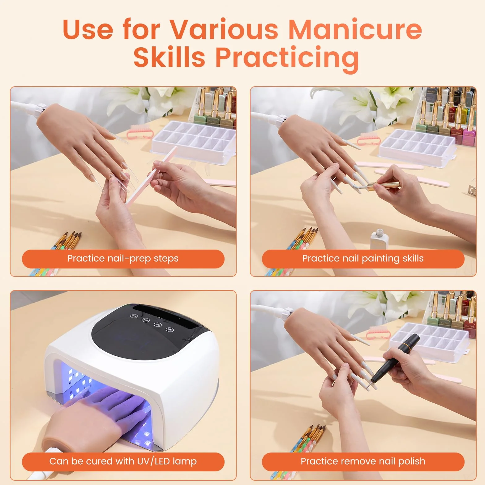 Mano Finta per Ricostruzione Unghie: Silicone Mano Pratica - Flessibili Mano Finta per Unghie - Mani Finte con 240 Pezzi Tip Unghie/Pennello Per Unghie/Lima Per Unghie