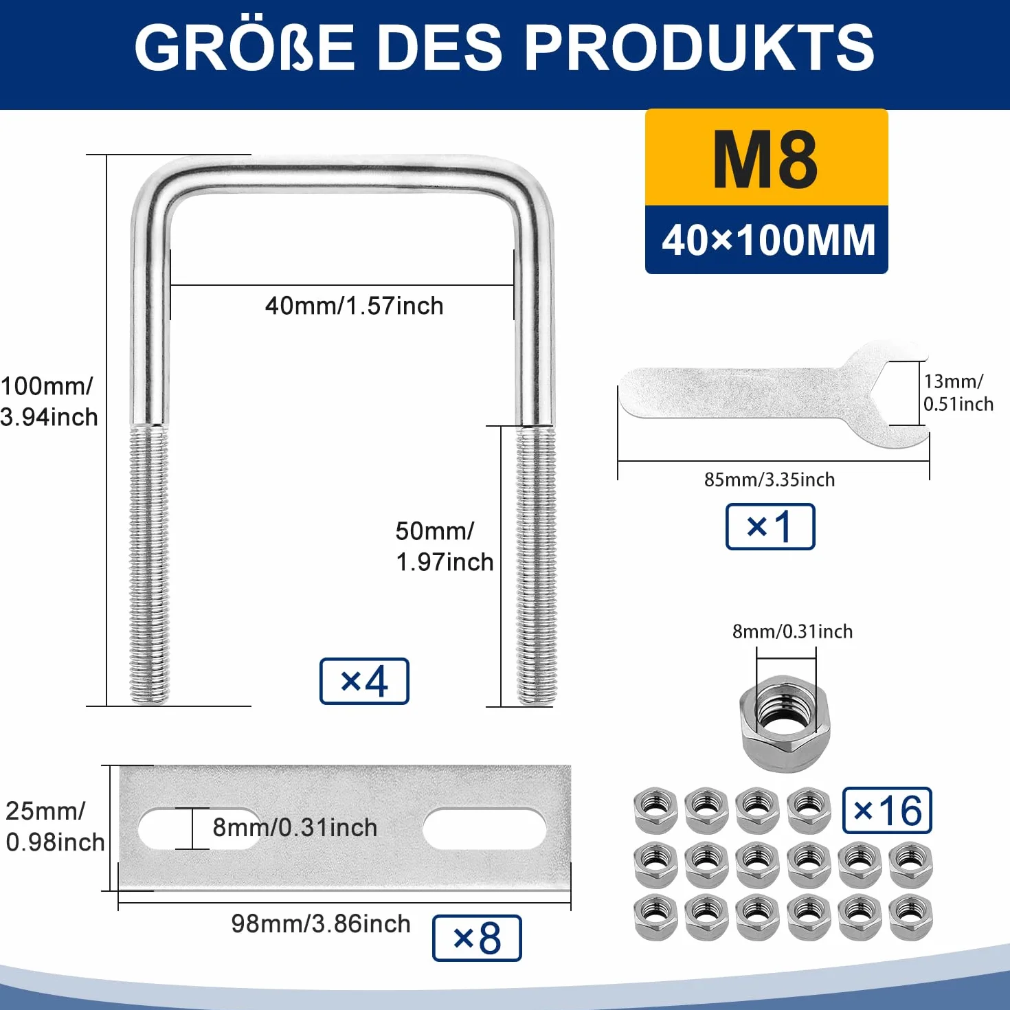 U Bolt M8 40x100mm In Acciaio Inox 4 Pezzi Bullone A U Quadrati Con Dado E Piastra Per Applicazioni Industriali