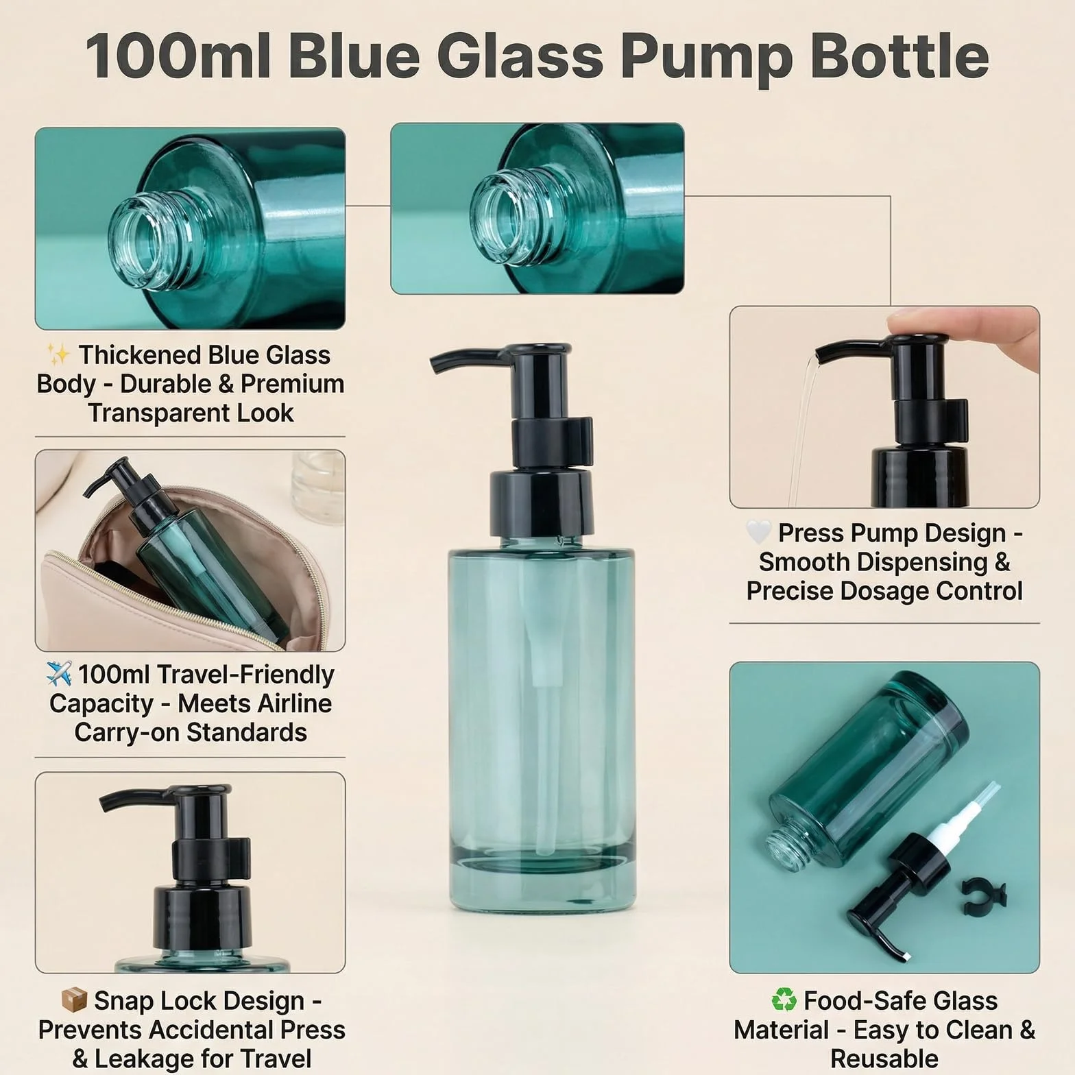 Flacone vuoto in vetro da 100 ml, ricaricabile, con pompa nera, dispenser per cosmetici, creme, lozioni, per oli essenziali, emulsioni, essenze, bottiglie da viaggio (blu)