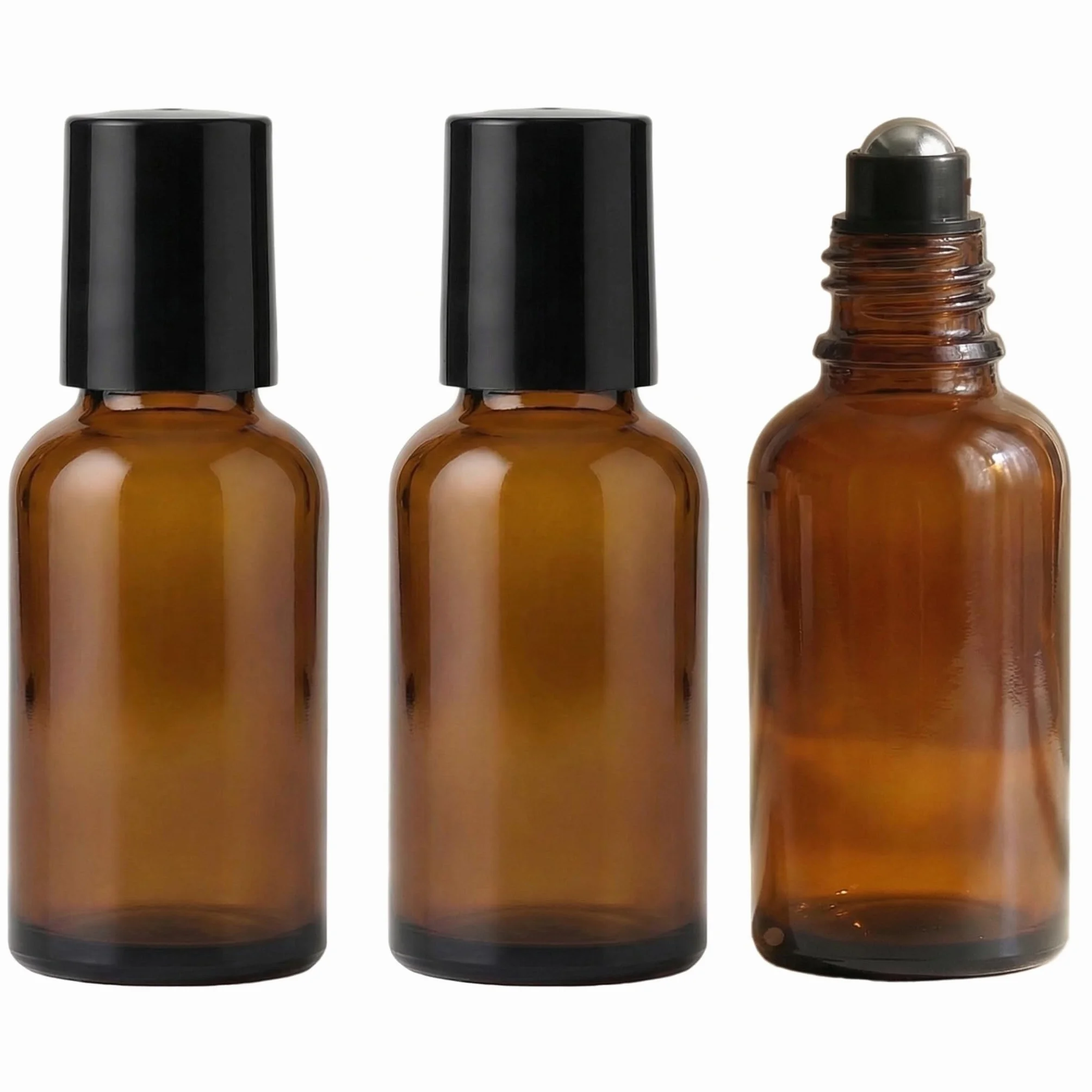 3 flaconcini vuoti di alta qualità da 50 ml in vetro, ricaricabili, con roll-on, per oli essenziali, profumi, essenze, con sfera in acciaio inox e coperchio nero