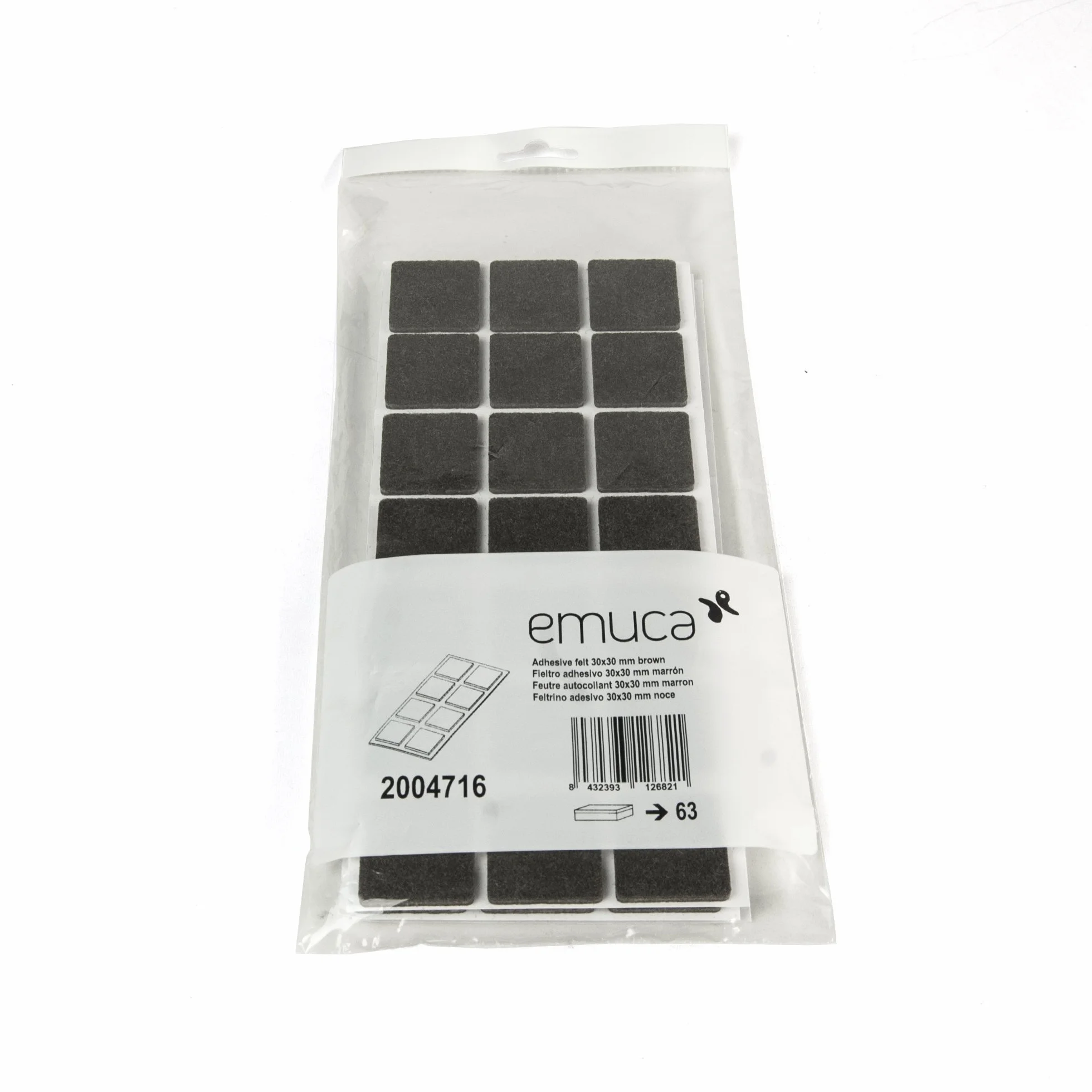 Emuca Set di 63 Feltrini Autoadesivi Quadrati 30x30 mm Marrone