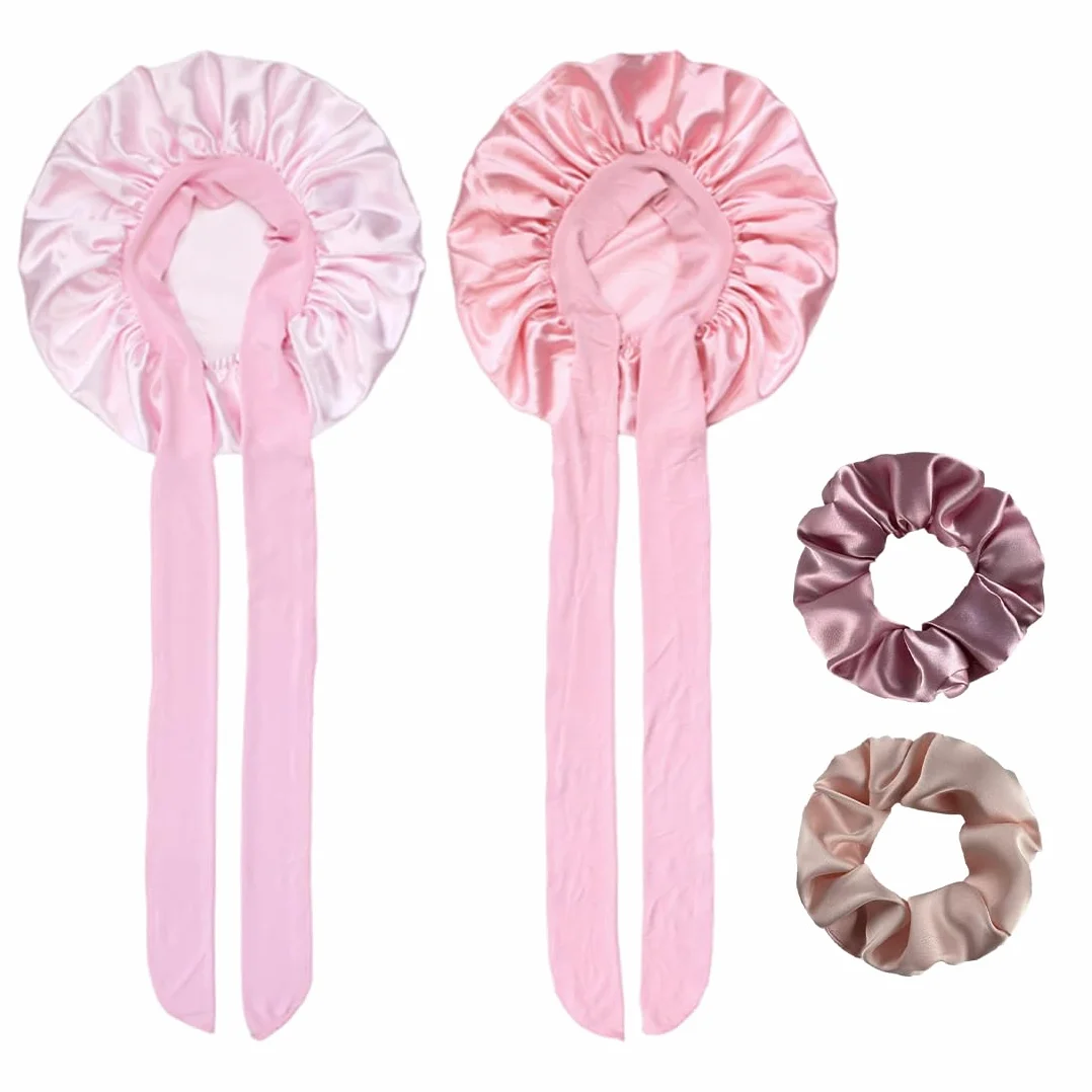 Cuffia da notte in seta per donne, 2 pezzi, cuffia in seta regolabile con 2 elastici per capelli, a doppio strato, foderata in raso con laccetto per capelli ricci
