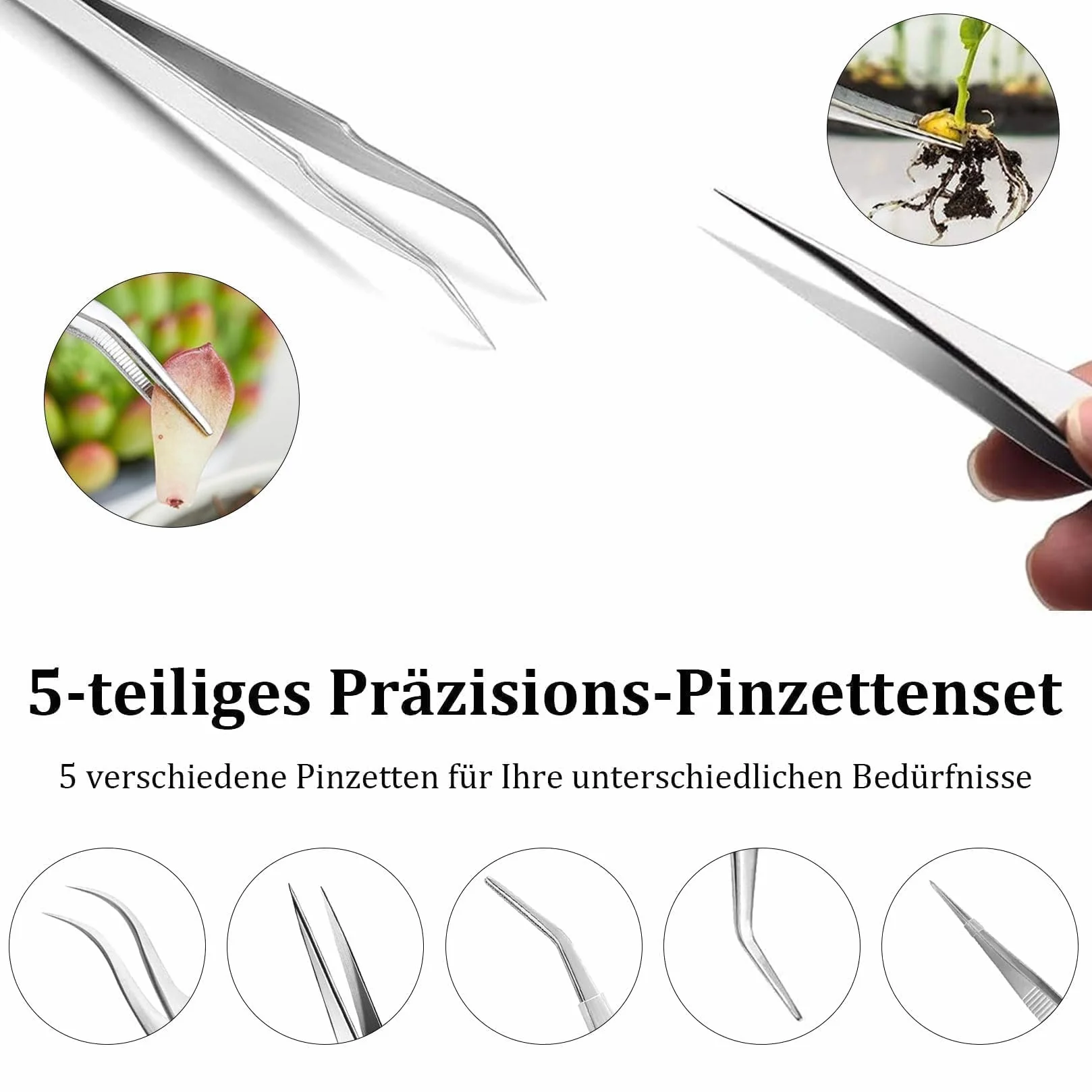 Pinzette di Precisione in Acciaio Inox Multiuso Punta Rotonde e Curva 5 Pezzi